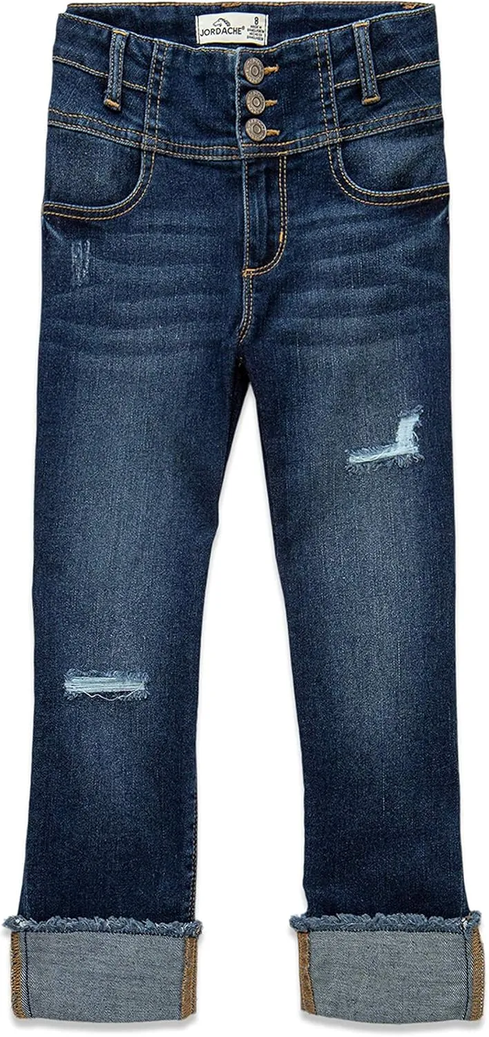 Jordache Girls Triple Stack High Waist Roll Cuff Crop Premium Denim Jean (Dark Enzyme Wash)