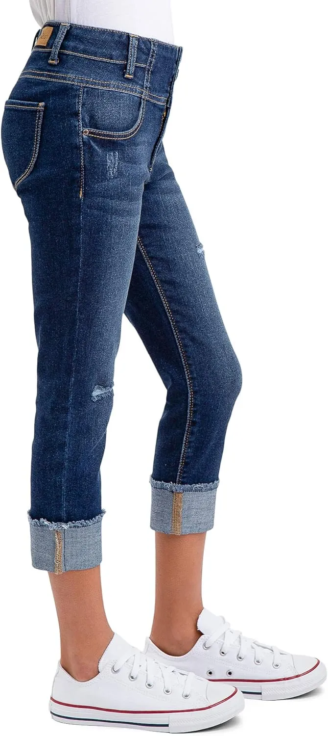 Jordache Girls Triple Stack High Waist Roll Cuff Crop Premium Denim Jean (Dark Enzyme Wash)