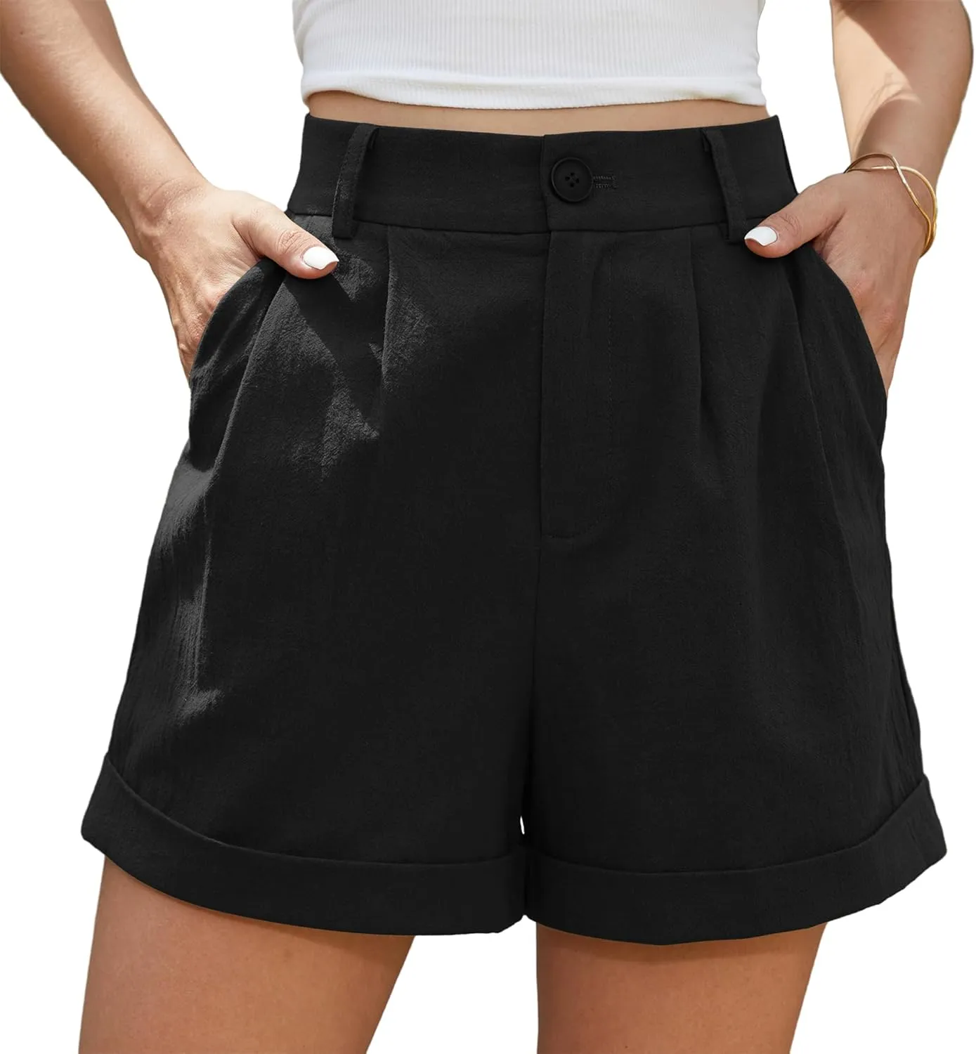 Jouica Womens Summer High Waist Linen Shorts Roll Up Pleated Zippered Wrap Hem Wide Leg Shorts with Pockets