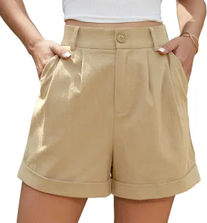 Jouica Womens Summer High Waist Linen Shorts Roll Up Pleated Zippered Wrap Hem Wide Leg Shorts with Pockets