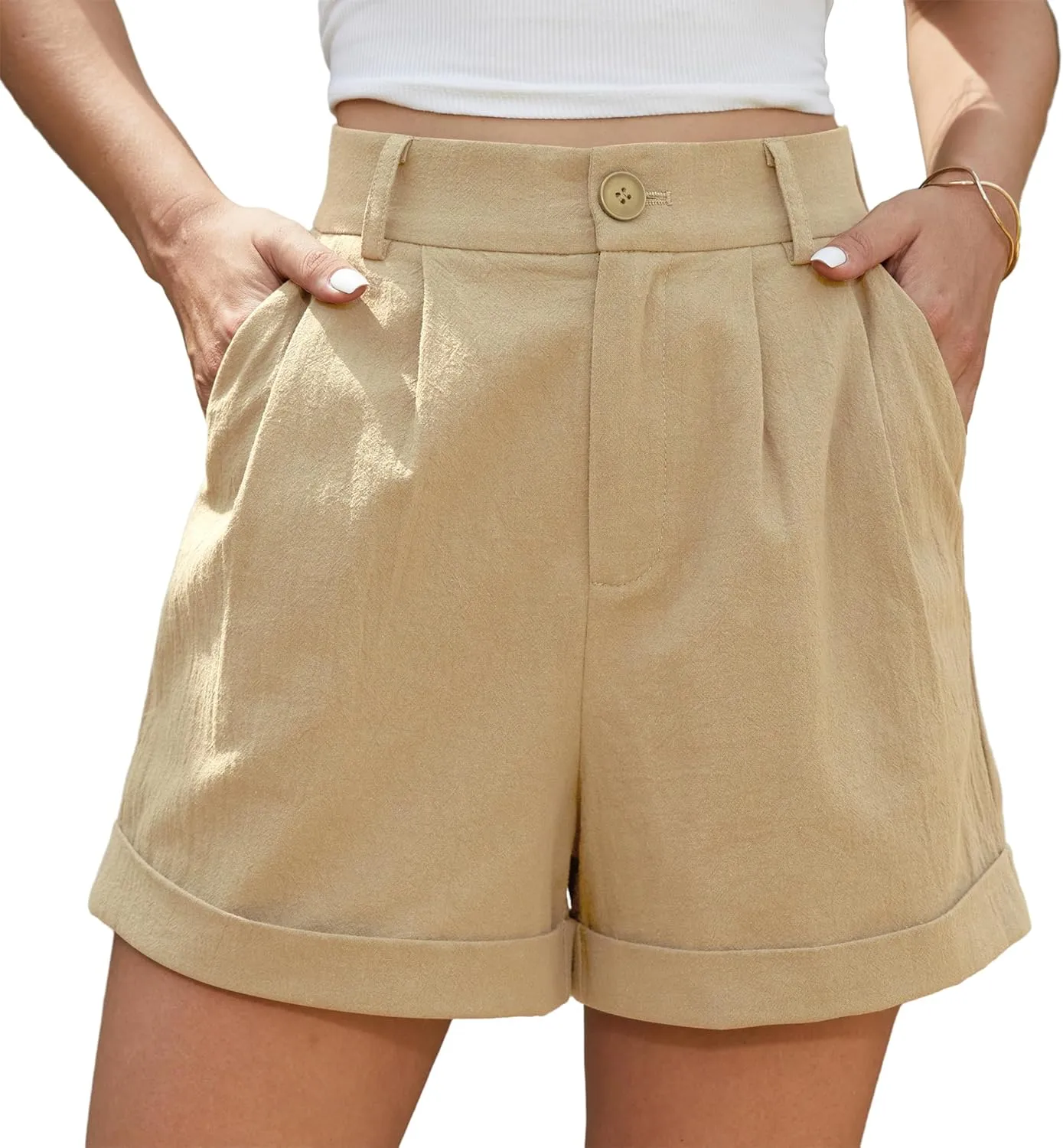 Jouica Womens Summer High Waist Linen Shorts Roll Up Pleated Zippered Wrap Hem Wide Leg Shorts with Pockets