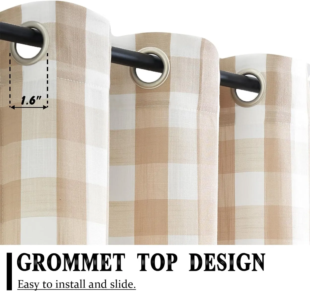 Jubilantex Buffalo Check Semi Sheer Curtain Panels Tan White Gingham Curtains Farmhouse Grommet Window Drapes for Living Room Bedroom 52"x84",2 Panels