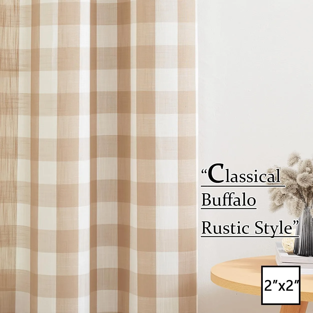 Jubilantex Buffalo Check Semi Sheer Curtain Panels Tan White Gingham Curtains Farmhouse Grommet Window Drapes for Living Room Bedroom 52"x84",2 Panels
