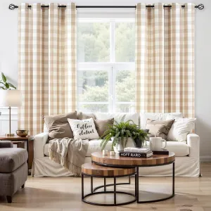 Jubilantex Buffalo Check Semi Sheer Curtain Panels Tan White Gingham Curtains Farmhouse Grommet Window Drapes for Living Room Bedroom 52"x84",2 Panels