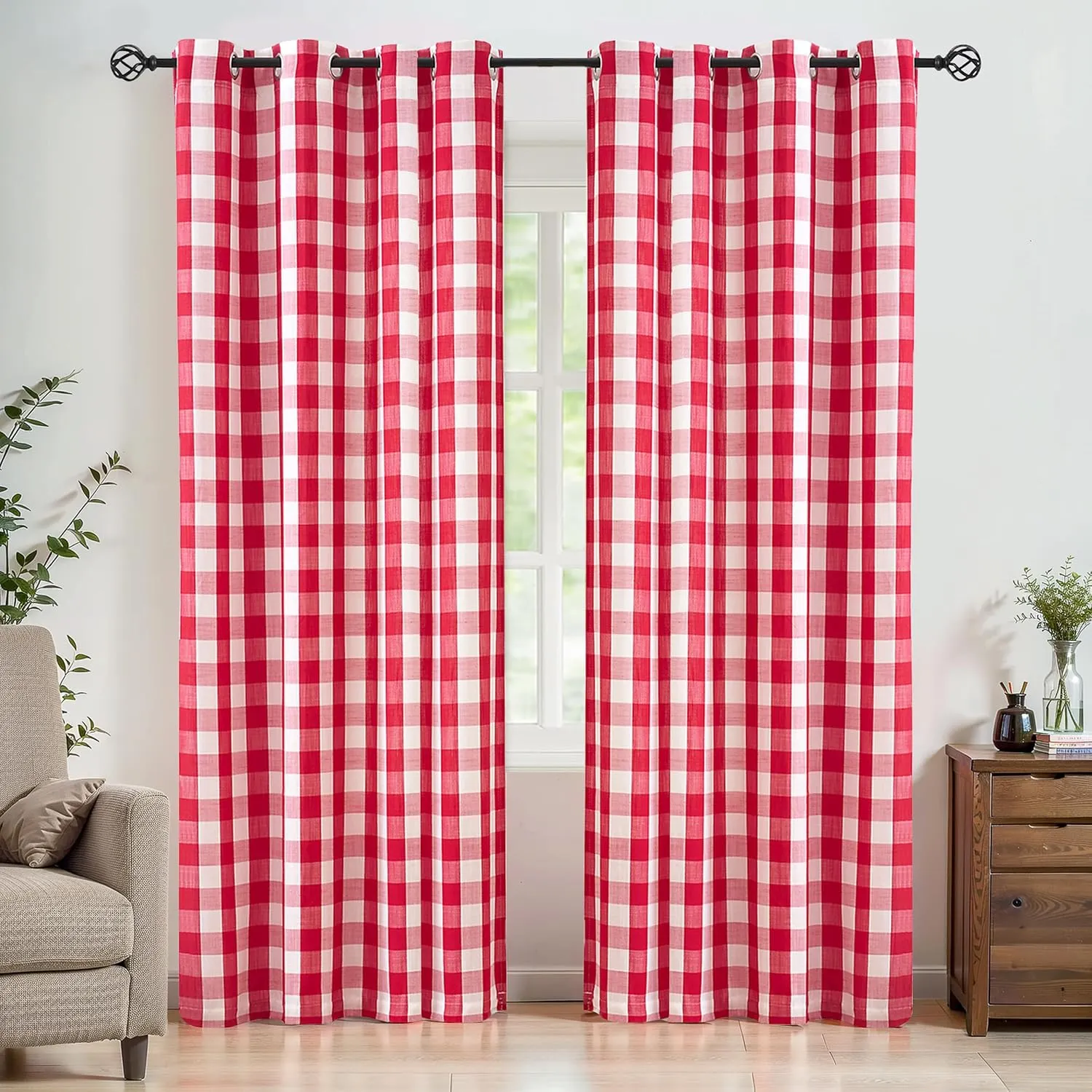 Jubilantex Red and Whitec Buffalo Check Semi Sheer Curtain Panels Gingham Curtains Farmhouse Style Grommet Top Window Drapes for Holiday Living Room Bedroom 52"x84",2 Panels