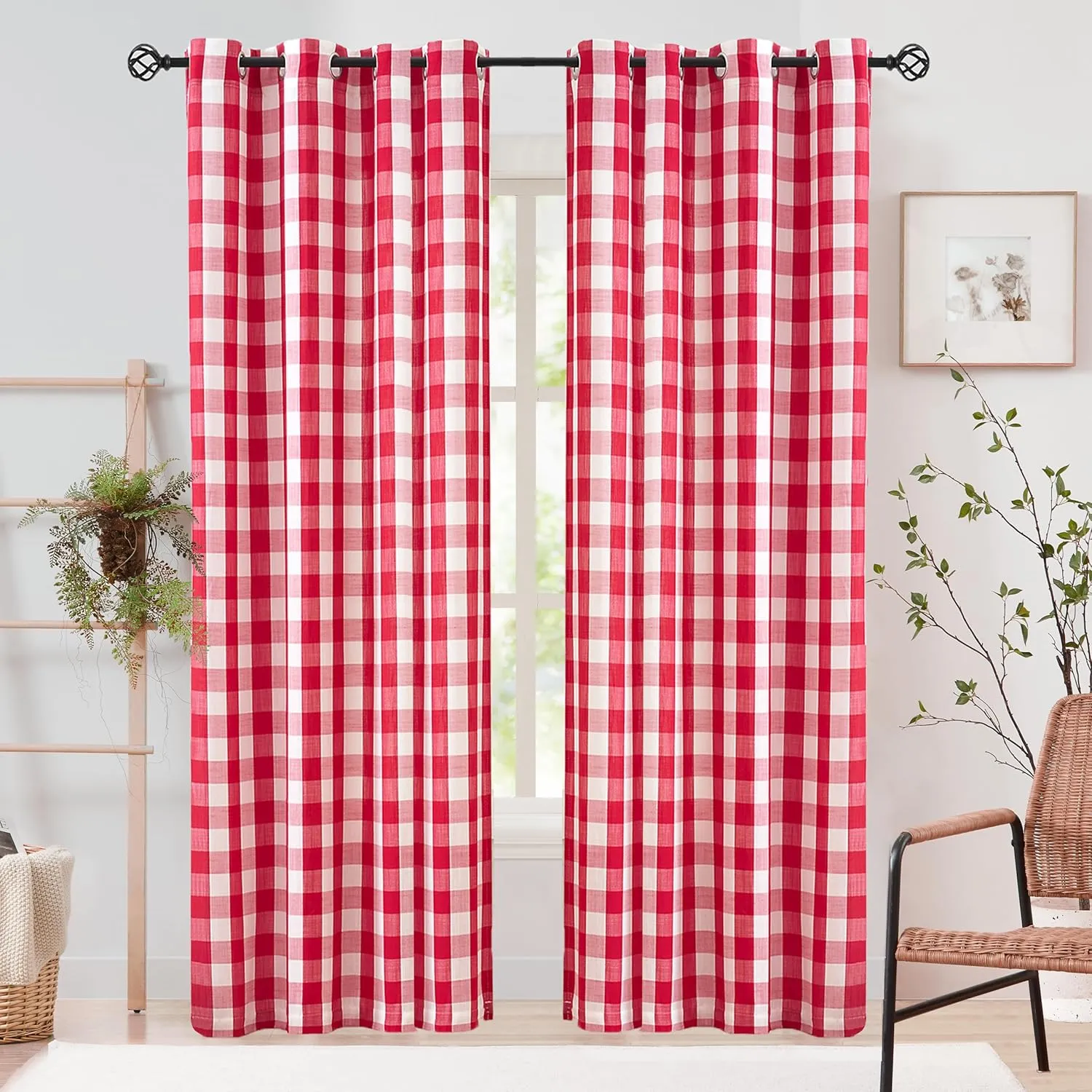 Jubilantex Red and Whitec Buffalo Check Semi Sheer Curtain Panels Gingham Curtains Farmhouse Style Grommet Top Window Drapes for Holiday Living Room Bedroom 52"x84",2 Panels