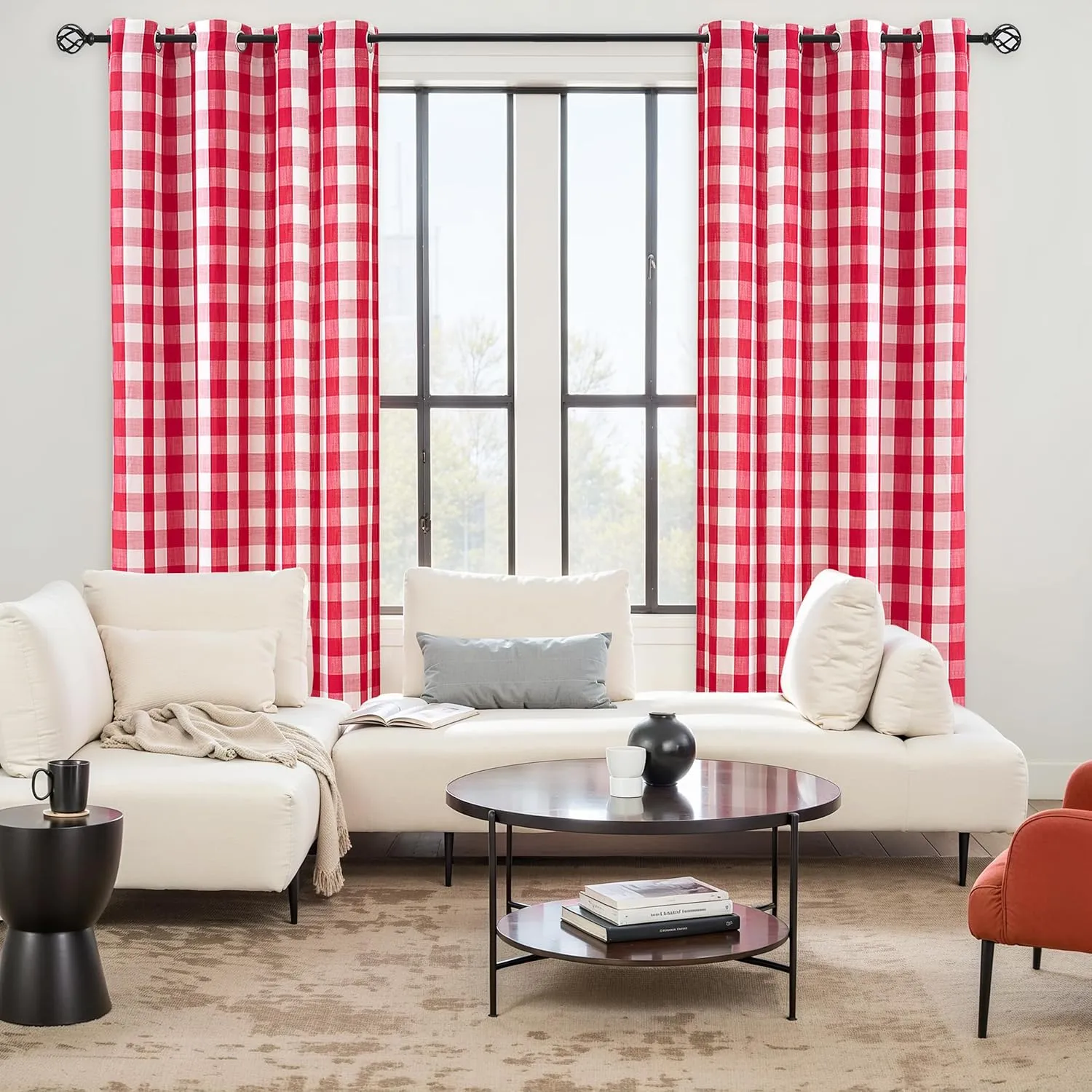Jubilantex Red White Buffalo Check Semi Sheer Curtain Panels Gingham Plaid Textured Curtains Drapery,Farmhouse Grommet Window Drapes for Living Room Bedroom Kids Room,2 Panels,40"x95"