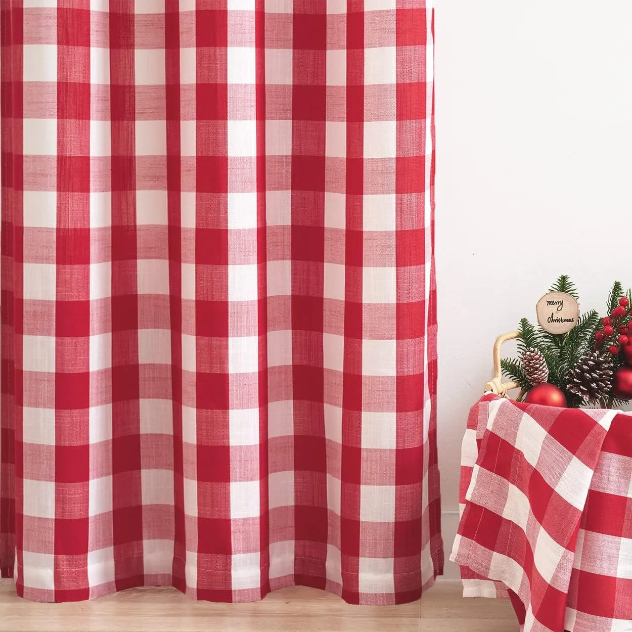 Jubilantex Red White Buffalo Check Semi Sheer Curtain Panels Gingham Plaid Textured Curtains Drapery,Farmhouse Grommet Window Drapes for Living Room Bedroom Kids Room,2 Panels,40"x95"