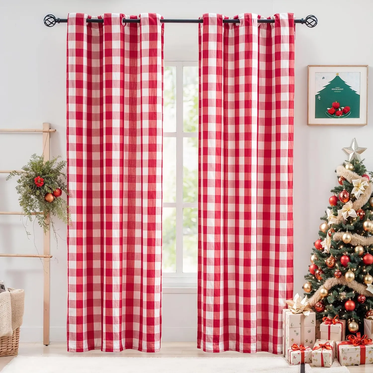 Jubilantex Red White Buffalo Check Semi Sheer Curtain Panels Gingham Plaid Textured Curtains Drapery,Farmhouse Grommet Window Drapes for Living Room Bedroom Kids Room,2 Panels,40"x95"