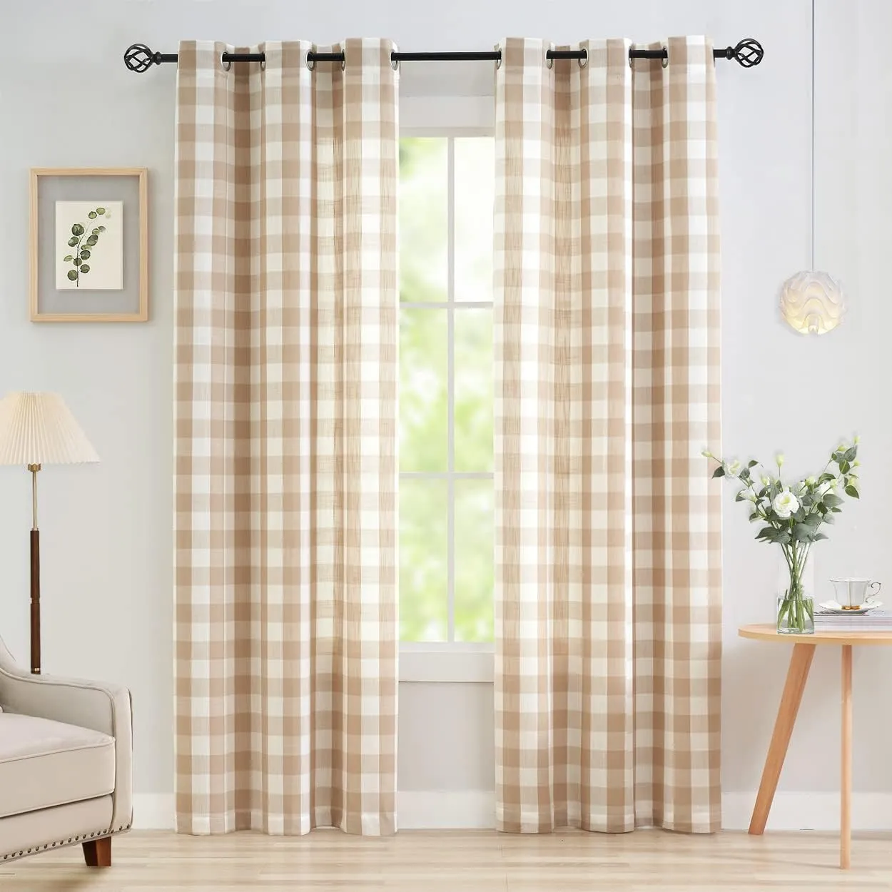 Jubilantex Tan White Buffalo Check Semi Sheer Curtain Panels Gingham Plaid Textured Curtains Drapery,Farmhouse Grommet Window Drapes for Living Room Bedroom Kids Room,2 Panels,Beige,40"x95"