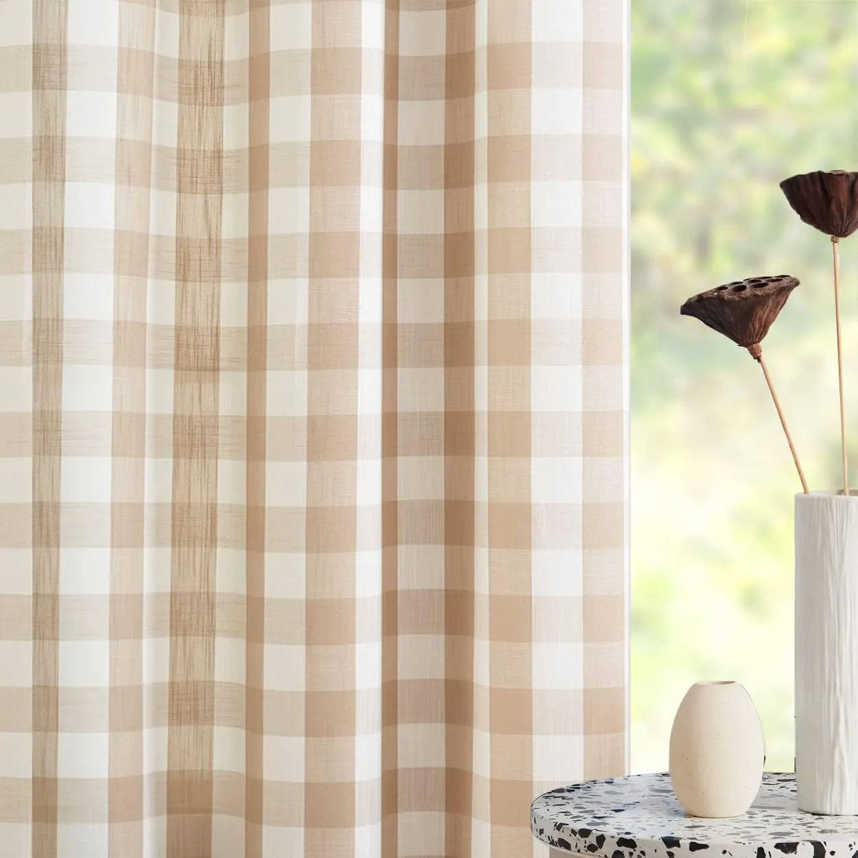 Jubilantex Tan White Buffalo Check Semi Sheer Curtain Panels Gingham Plaid Textured Curtains Drapery,Farmhouse Grommet Window Drapes for Living Room Bedroom Kids Room,2 Panels,Beige,40"x95"
