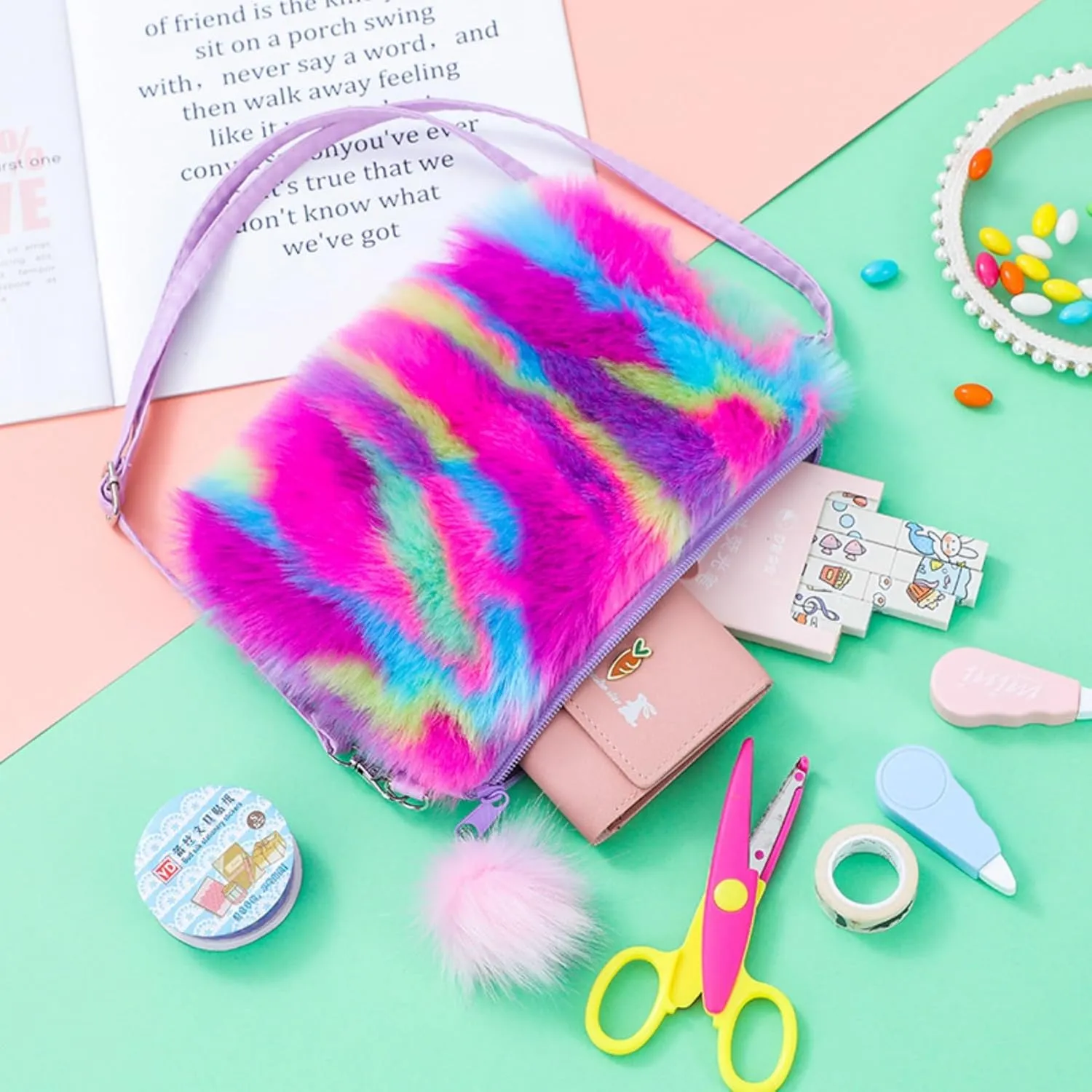 JUMISEE Kids Girls Fluffy Crossbody Purse Tie Dye Rainbow Faux Fur Shoulder Bag Handbag Wallet for Women