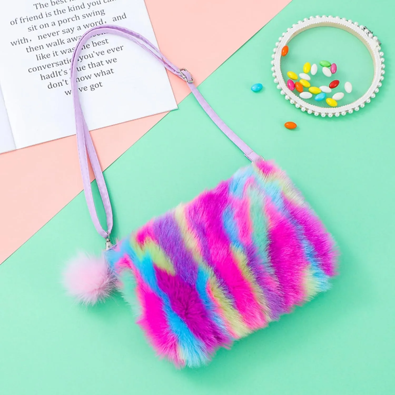 JUMISEE Kids Girls Fluffy Crossbody Purse Tie Dye Rainbow Faux Fur Shoulder Bag Handbag Wallet for Women