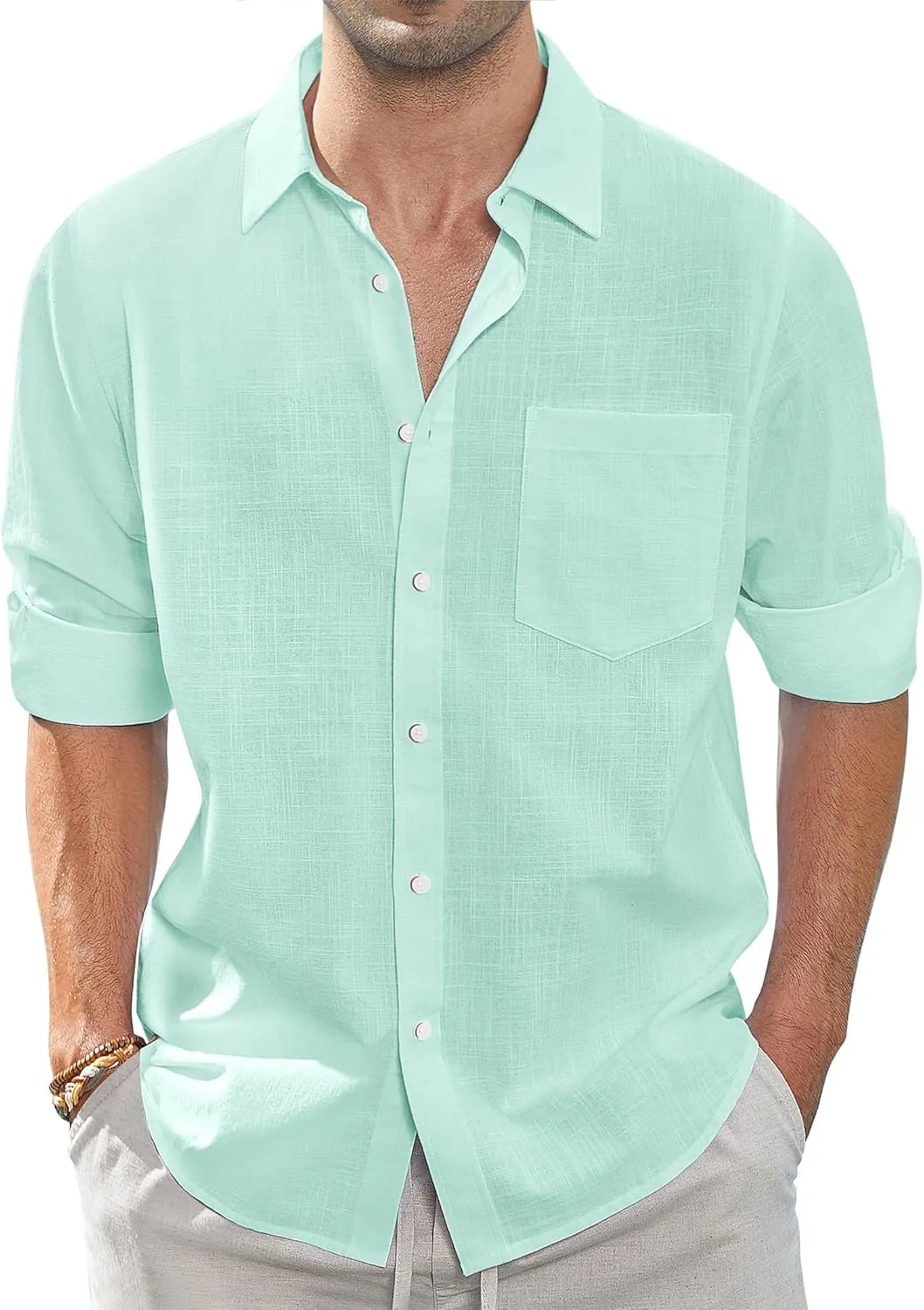 J.VER Men's Linen Shirts Casual Button Down Long Sleeve Shirt Solid Spread Collar Summer Beach Shirts with Pocket