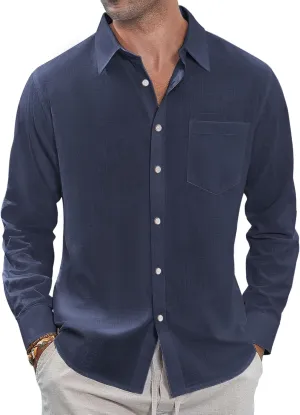 J.VER Men's Linen Shirts Casual Button Down Long Sleeve Shirt Solid Spread Collar Summer Beach Shirts with Pocket