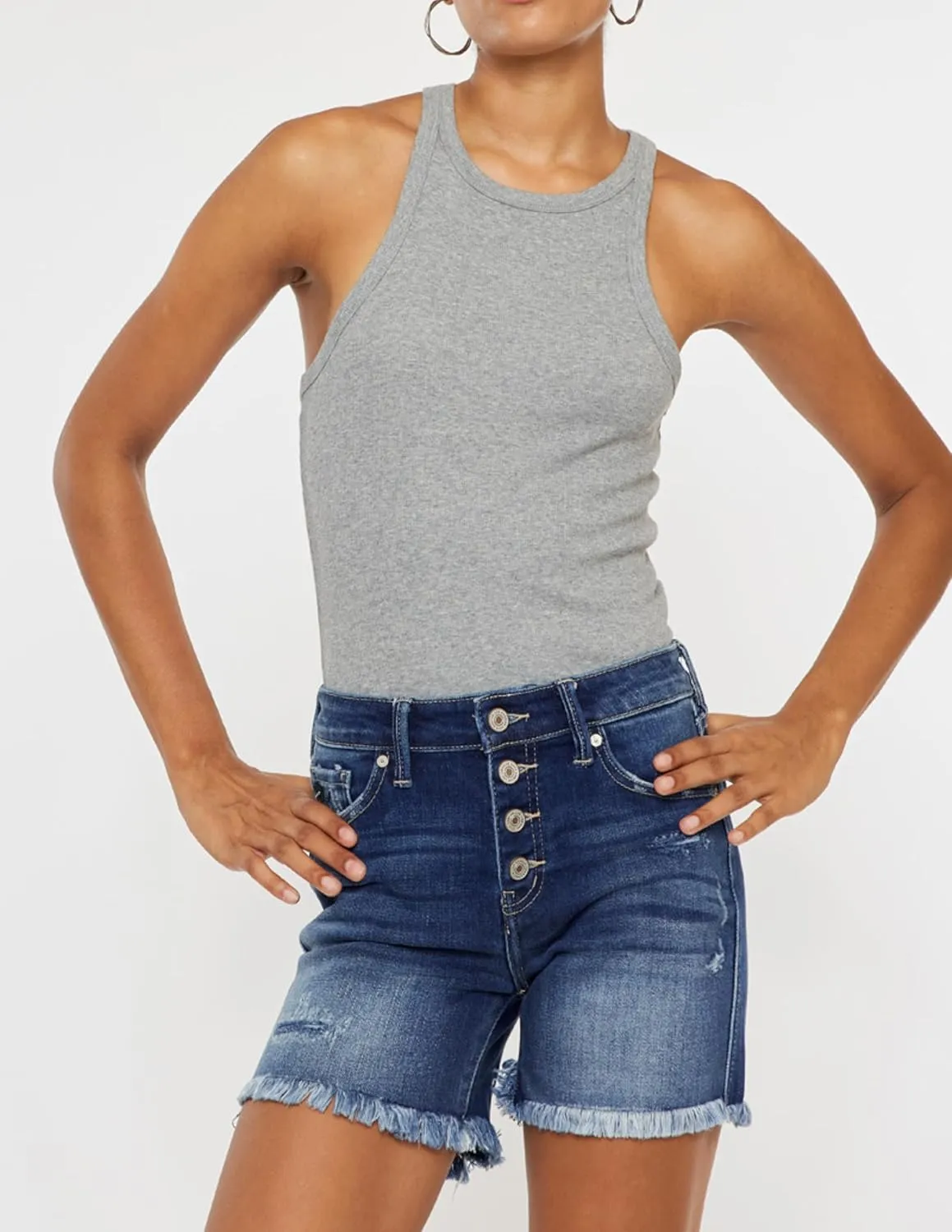 Kan Can Kancan Justine Mid Rise Shorts Frayed Hem Dark Wash Short Denim KC7334D-N