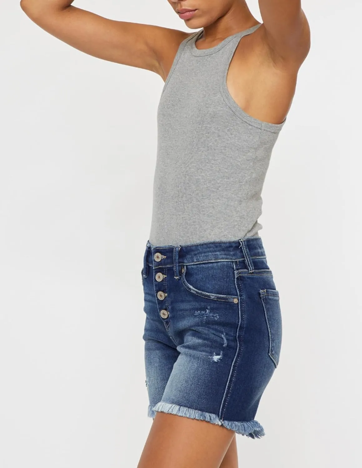 Kan Can Kancan Justine Mid Rise Shorts Frayed Hem Dark Wash Short Denim KC7334D-N
