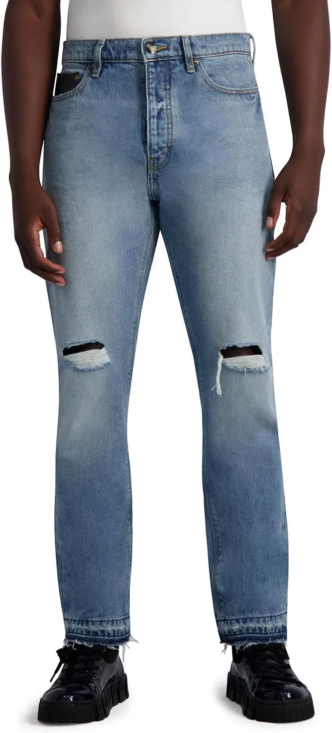 Karl Lagerfeld Paris Men's Leather Pocket Light Wash Denim Pant