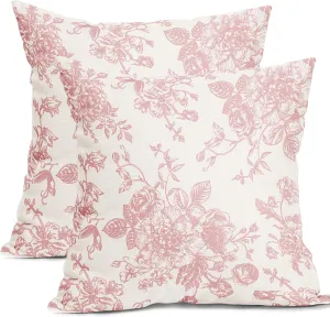 Kawani Pink and Cream Floral Pillow Covers 18x18 Inch Set of 2 Vintage Throw Chinoiserie Flower Pillowcases Farmhouse Cotton Linen Cushion for Couch Bed Sofa Chair Home Decor
