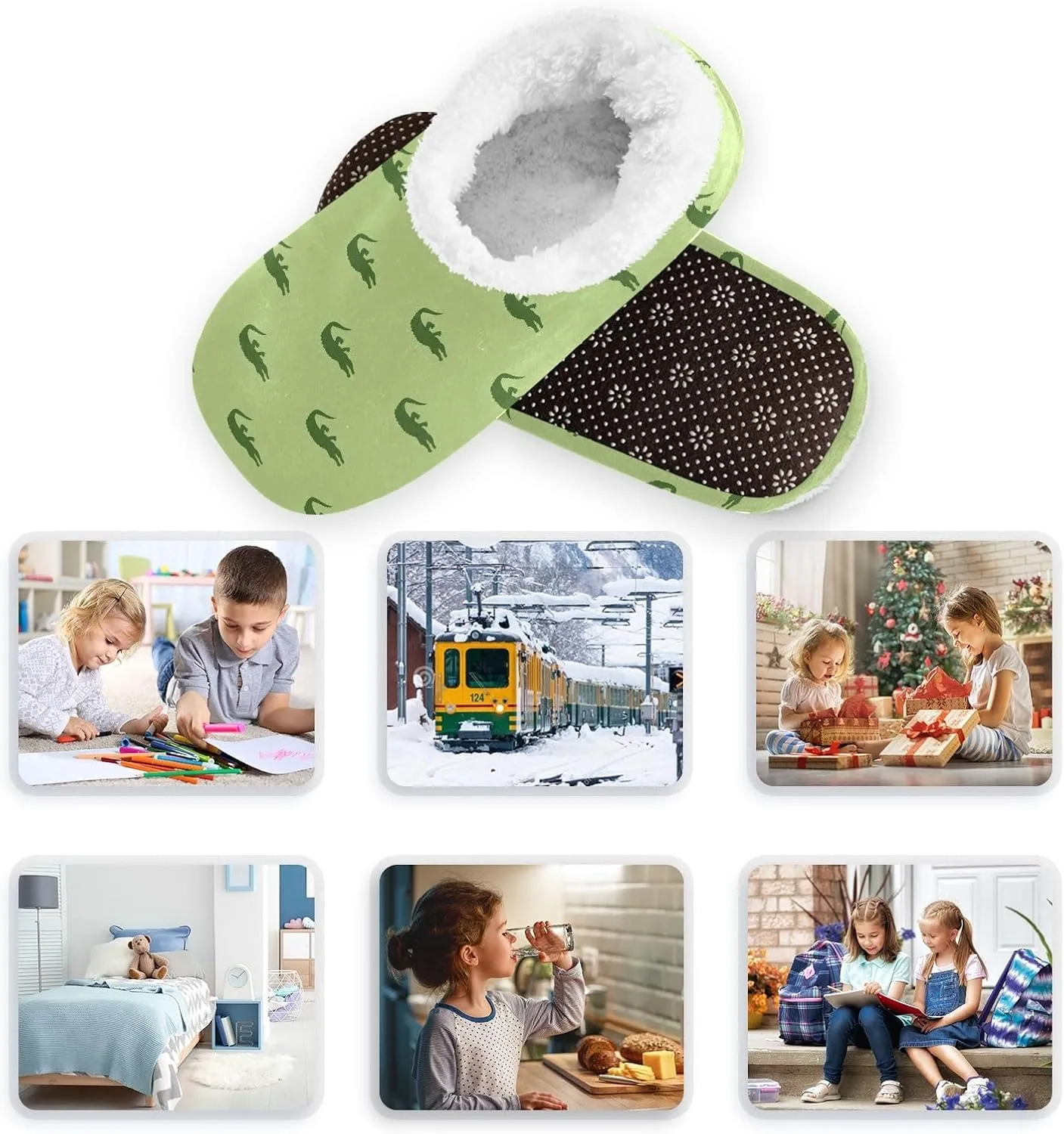 Kids Winter Slippers Animal Green Crocodile Silhouette Warm Soft Non Slip House Slippers for Boys Girls Indoor