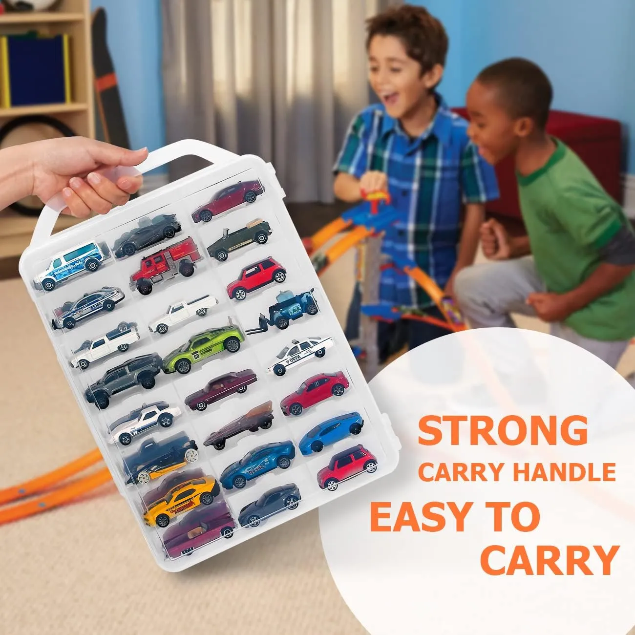 KISLANE Double Sided Storage Case for 48 Toy Cars, Matchbox Cars, Portable Transparent Storage Case with 48 Compartments, Case Only (Transparent)…
