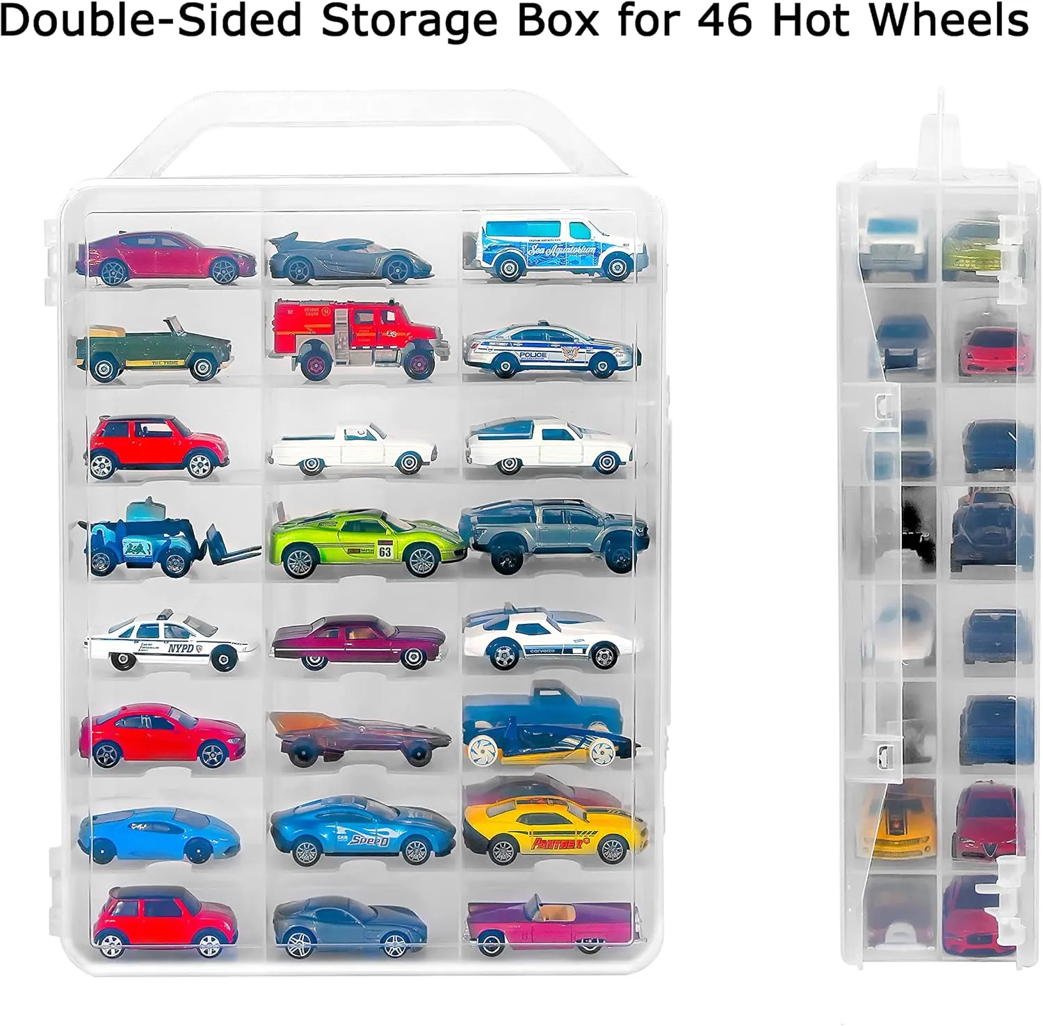 KISLANE Double Sided Storage Case for 48 Toy Cars, Matchbox Cars, Portable Transparent Storage Case with 48 Compartments, Case Only (Transparent)…