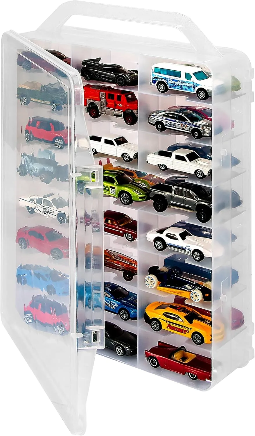 KISLANE Double Sided Storage Case for 48 Toy Cars, Matchbox Cars, Portable Transparent Storage Case with 48 Compartments, Case Only (Transparent)…