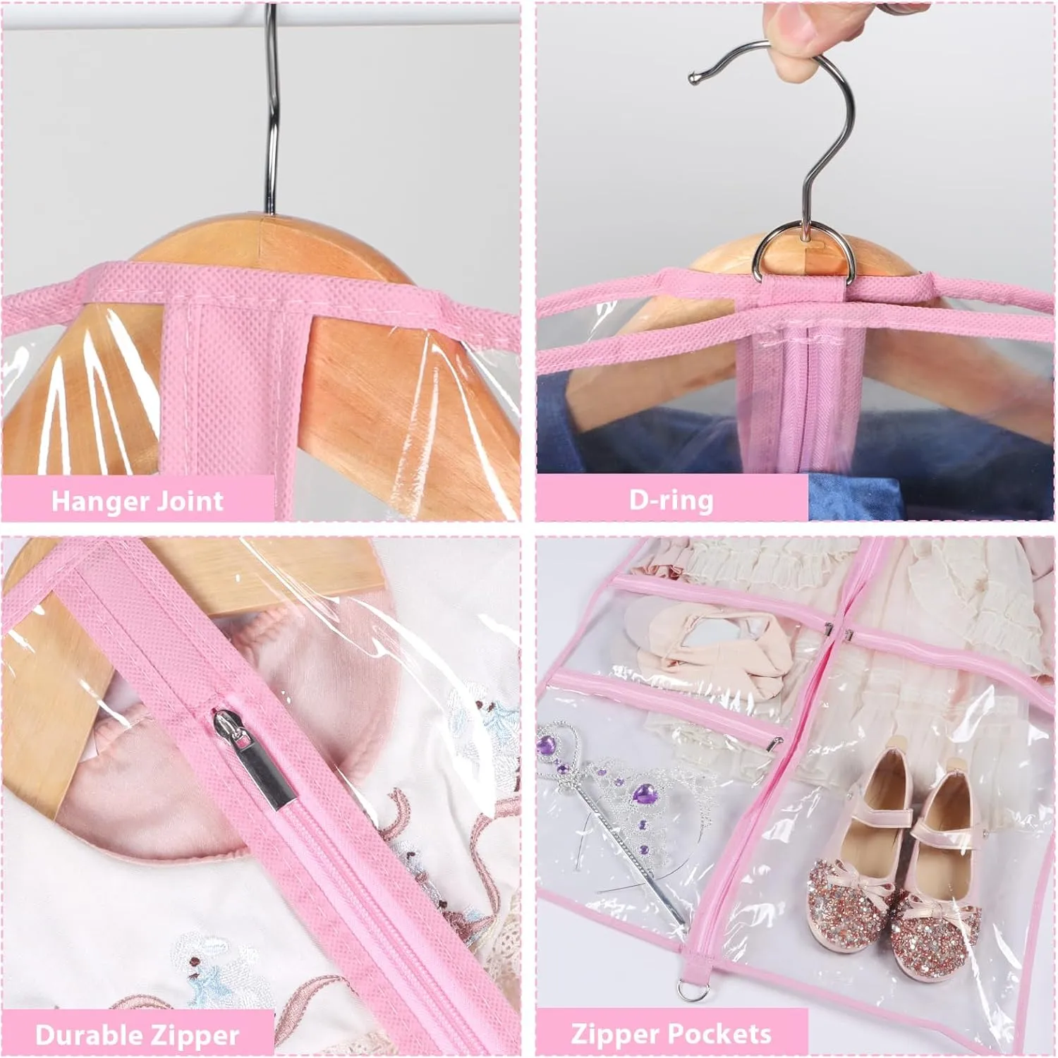 Kntiwiwo Clear Garment Bags for Dance Costumes, 40” Dance Garment Bags for Dancers, Kids Garment Bag for Dance Competitions with 3 Zipper Pockets, Garment Bags for Hanging Clothes, 6 Pack, Pink