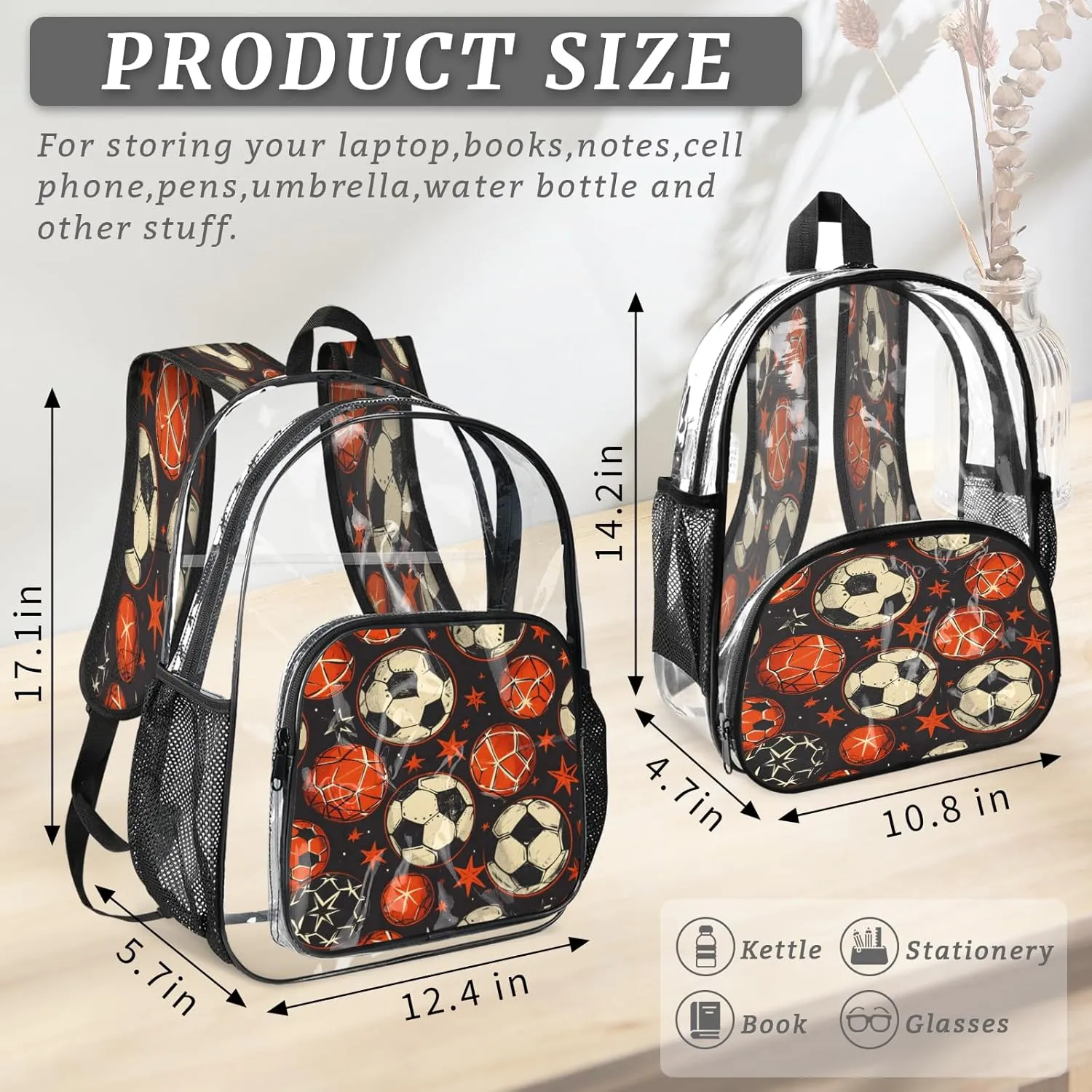 KOBLEN Ball Star Dark Pattern 17.1 Inch Clear Backpack, Heavy Duty Transparent PVC Daypack with Adjustable Padded Straps, Large Capacity Clear Bag for Festival, Concerts, Travel