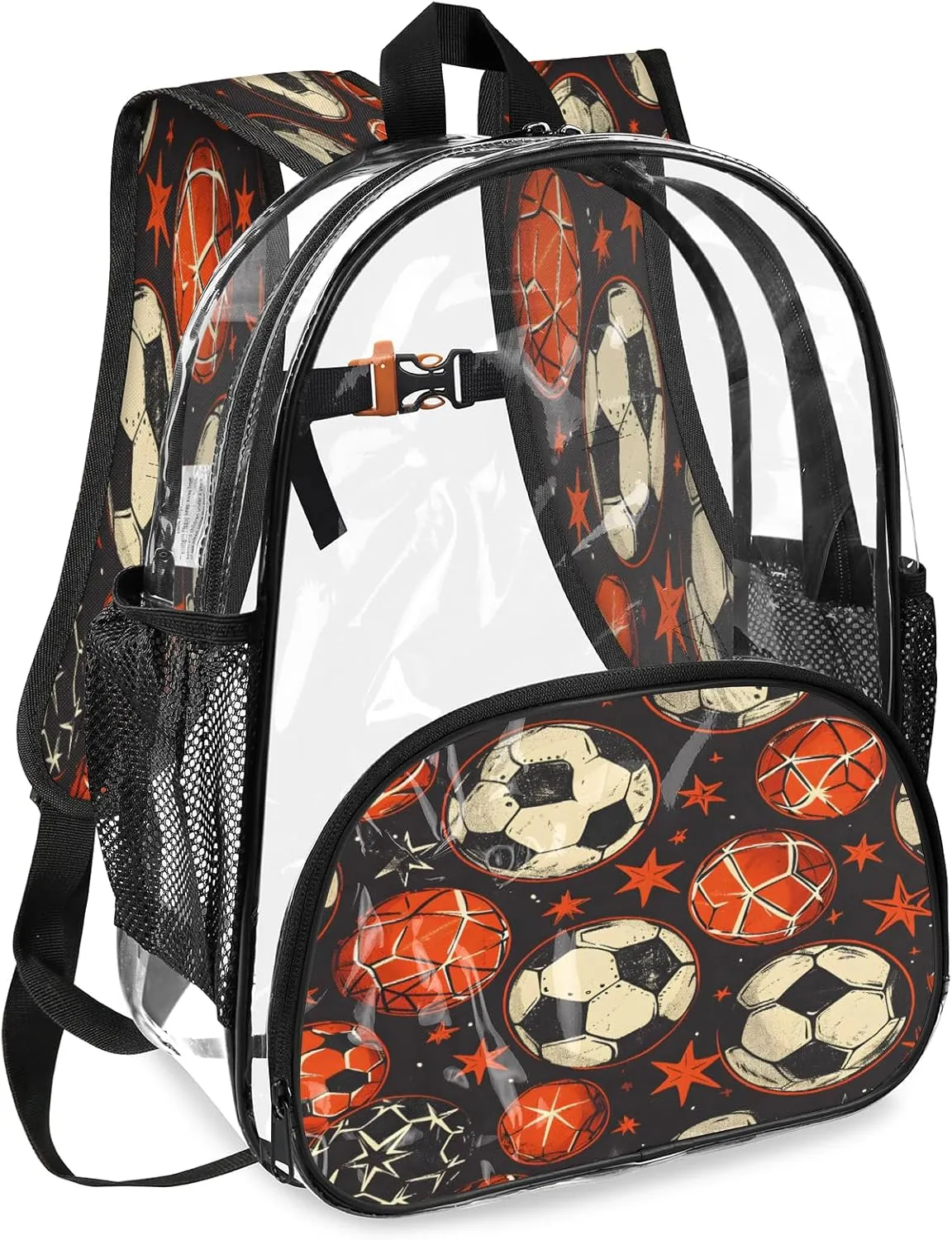 KOBLEN Ball Star Dark Pattern 17.1 Inch Clear Backpack, Heavy Duty Transparent PVC Daypack with Adjustable Padded Straps, Large Capacity Clear Bag for Festival, Concerts, Travel