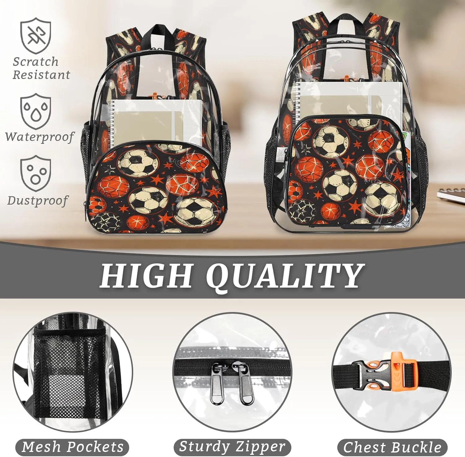 KOBLEN Ball Star Dark Pattern 17.1 Inch Clear Backpack, Heavy Duty Transparent PVC Daypack with Adjustable Padded Straps, Large Capacity Clear Bag for Festival, Concerts, Travel