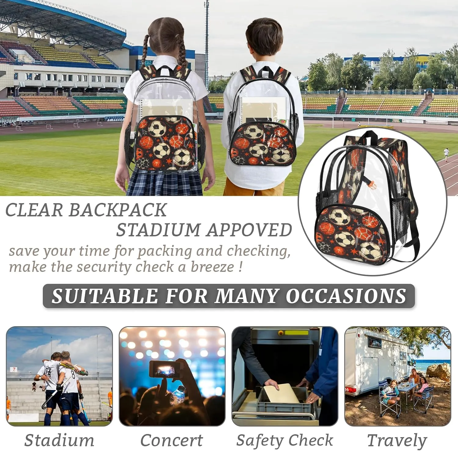 KOBLEN Ball Star Dark Pattern 17.1 Inch Clear Backpack, Heavy Duty Transparent PVC Daypack with Adjustable Padded Straps, Large Capacity Clear Bag for Festival, Concerts, Travel