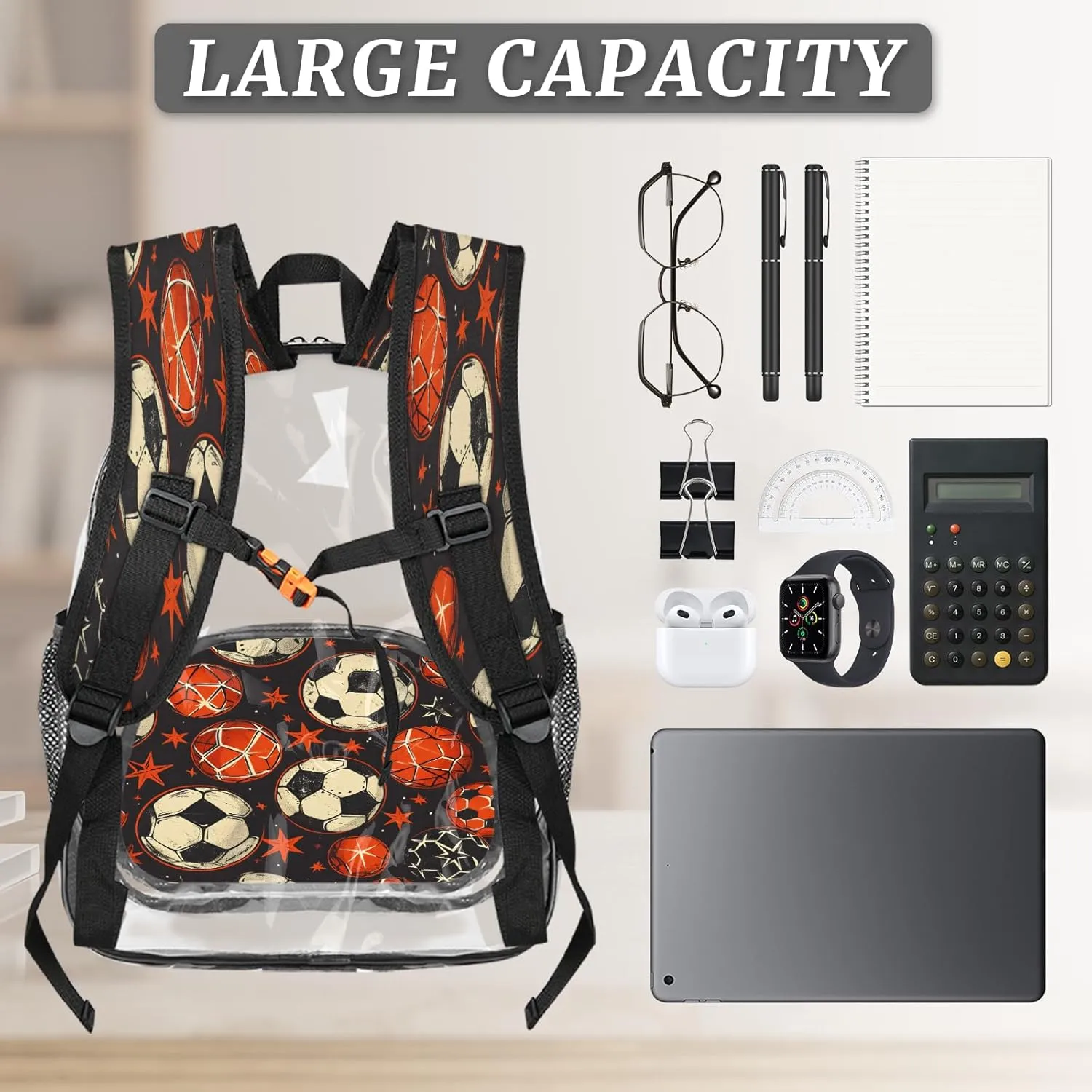 KOBLEN Ball Star Dark Pattern 17.1 Inch Clear Backpack, Heavy Duty Transparent PVC Daypack with Adjustable Padded Straps, Large Capacity Clear Bag for Festival, Concerts, Travel