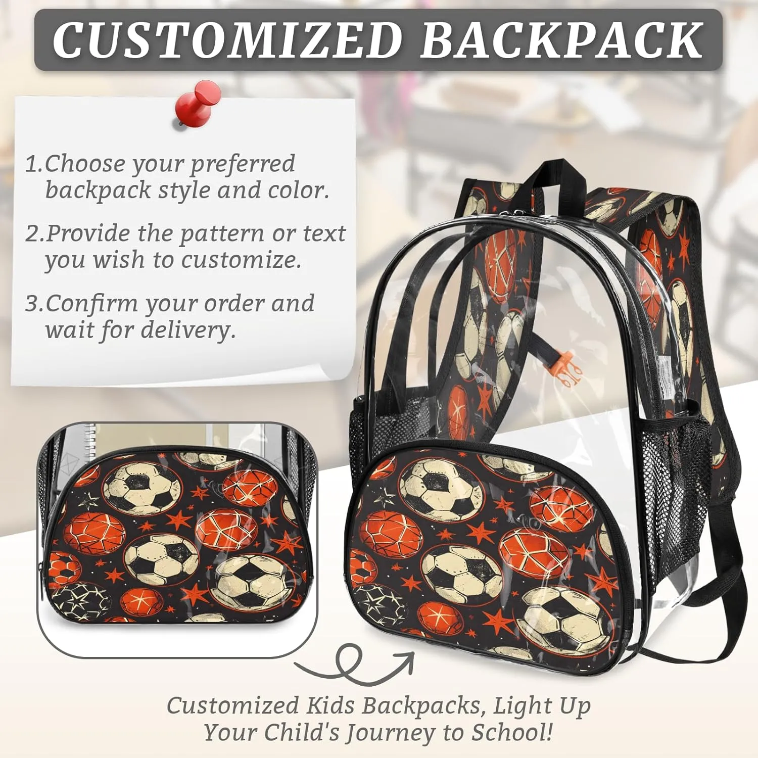 KOBLEN Ball Star Dark Pattern 17.1 Inch Clear Backpack, Heavy Duty Transparent PVC Daypack with Adjustable Padded Straps, Large Capacity Clear Bag for Festival, Concerts, Travel