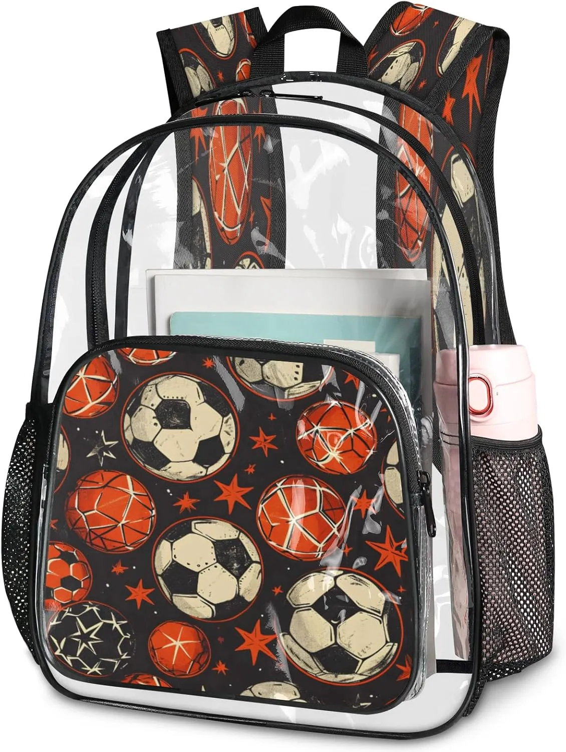 KOBLEN Ball Star Dark Pattern 17.1 Inch Clear Backpack, Heavy Duty Transparent PVC Daypack with Adjustable Padded Straps, Large Capacity Clear Bag for Festival, Concerts, Travel