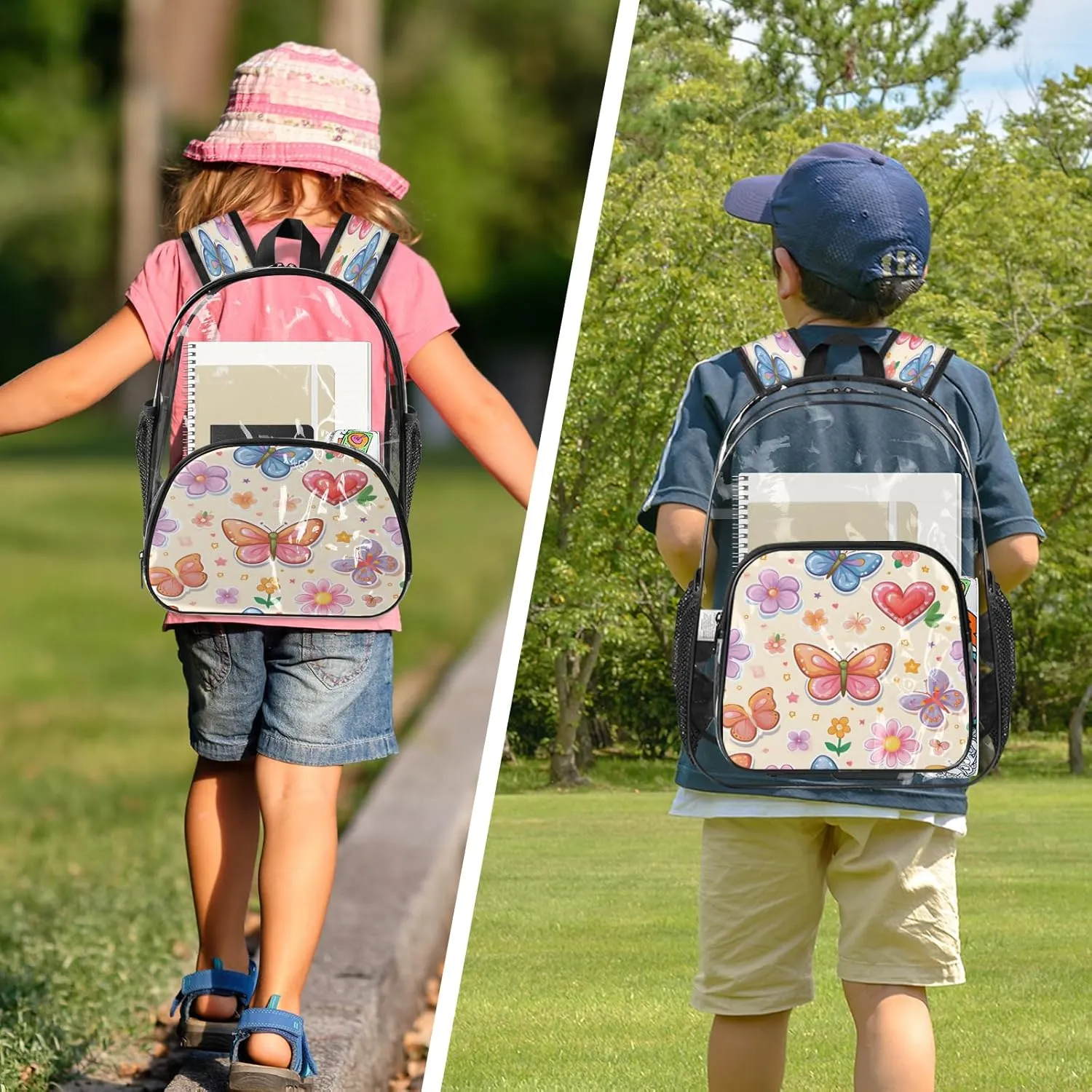 KOBLEN Butterfly Love Garden 17.1 Inch Clear Backpack, Heavy Duty Transparent PVC Daypack with Adjustable Padded Straps, Large Capacity Clear Bag for Festival, Concerts, Travel