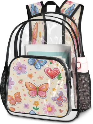 KOBLEN Butterfly Love Garden 17.1 Inch Clear Backpack, Heavy Duty Transparent PVC Daypack with Adjustable Padded Straps, Large Capacity Clear Bag for Festival, Concerts, Travel