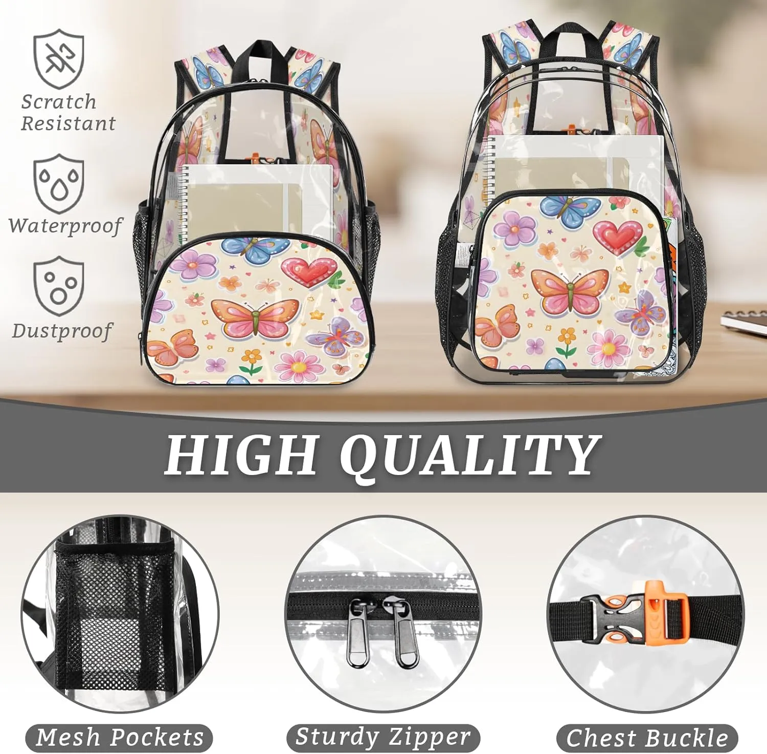 KOBLEN Butterfly Love Garden 17.1 Inch Clear Backpack, Heavy Duty Transparent PVC Daypack with Adjustable Padded Straps, Large Capacity Clear Bag for Festival, Concerts, Travel
