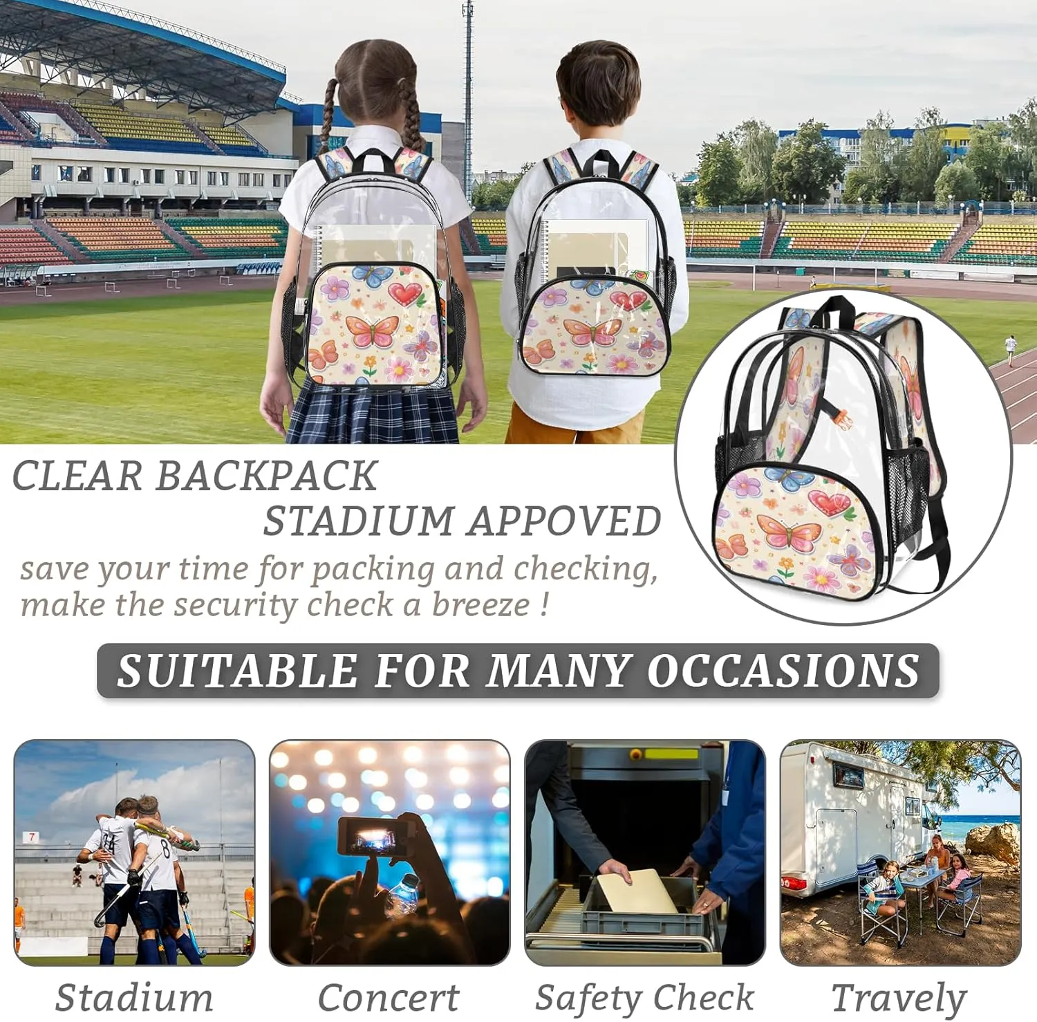 KOBLEN Butterfly Love Garden 17.1 Inch Clear Backpack, Heavy Duty Transparent PVC Daypack with Adjustable Padded Straps, Large Capacity Clear Bag for Festival, Concerts, Travel