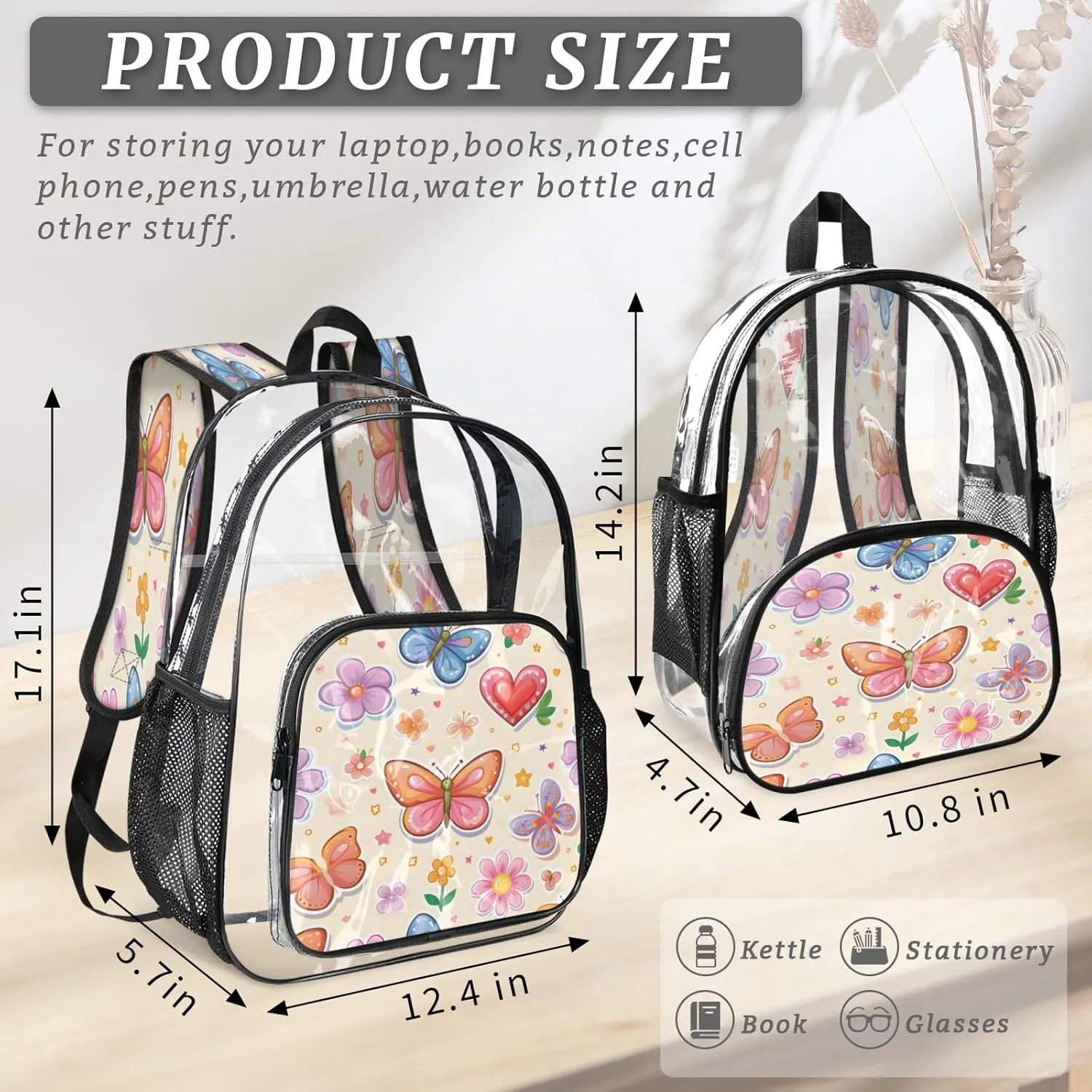 KOBLEN Butterfly Love Garden 17.1 Inch Clear Backpack, Heavy Duty Transparent PVC Daypack with Adjustable Padded Straps, Large Capacity Clear Bag for Festival, Concerts, Travel