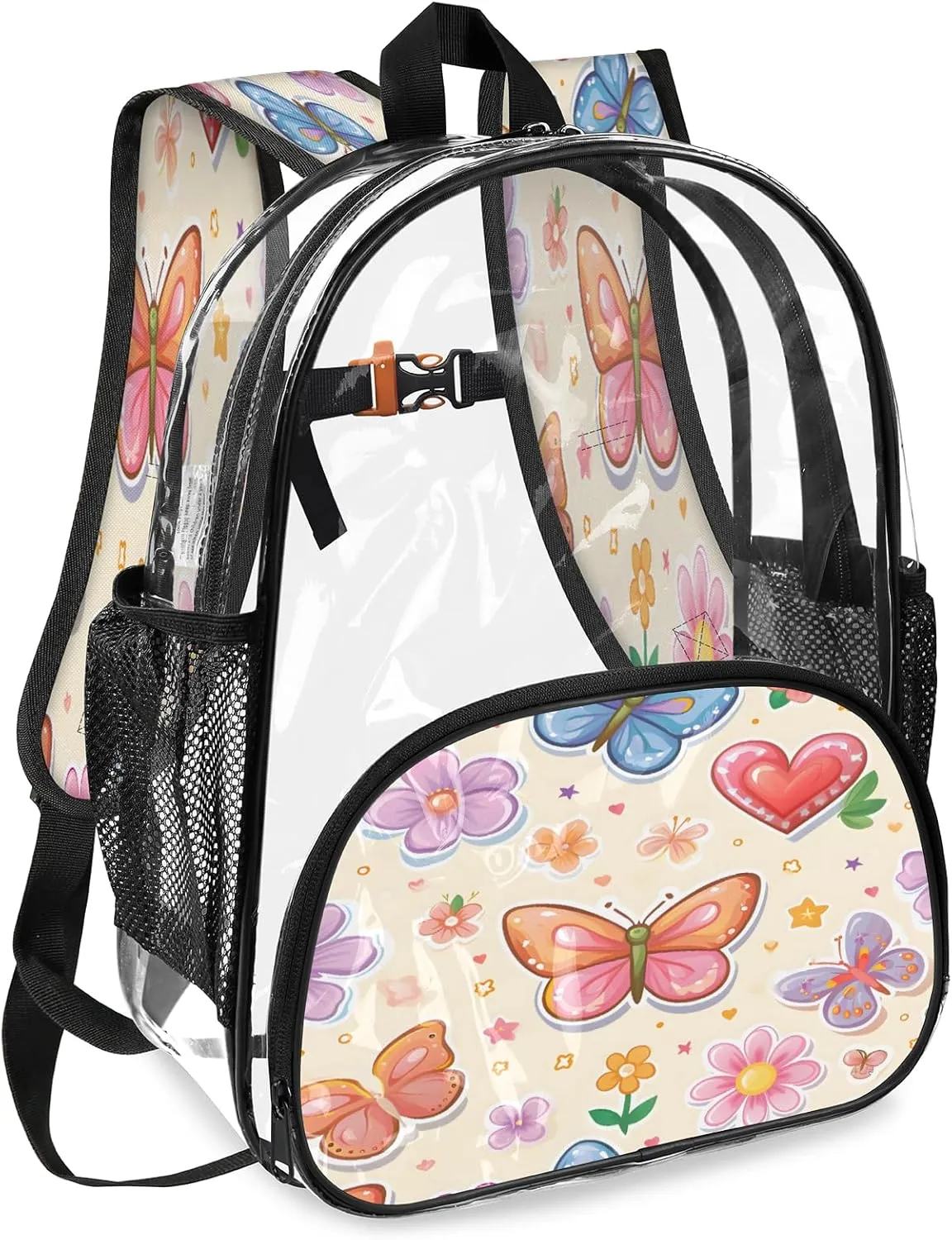 KOBLEN Butterfly Love Garden 17.1 Inch Clear Backpack, Heavy Duty Transparent PVC Daypack with Adjustable Padded Straps, Large Capacity Clear Bag for Festival, Concerts, Travel