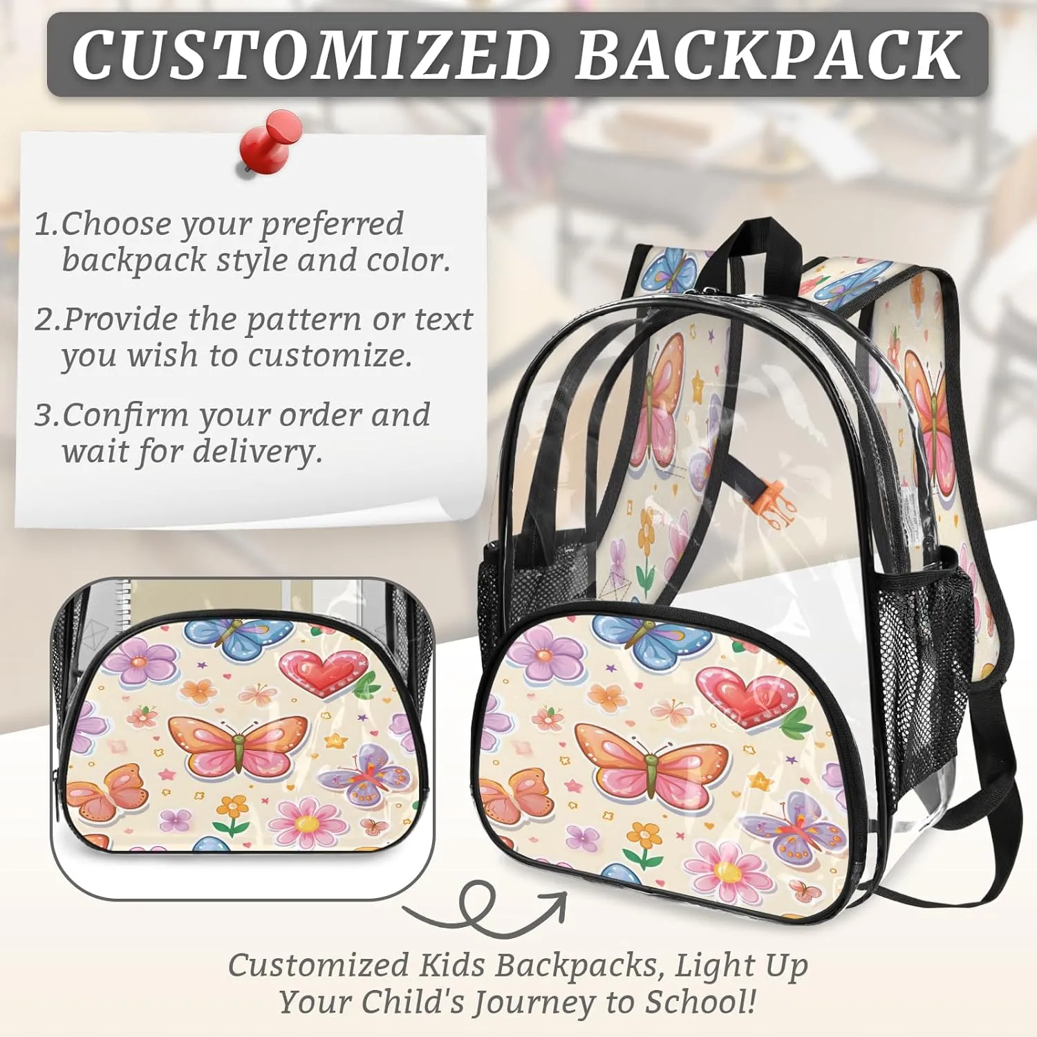 KOBLEN Butterfly Love Garden 17.1 Inch Clear Backpack, Heavy Duty Transparent PVC Daypack with Adjustable Padded Straps, Large Capacity Clear Bag for Festival, Concerts, Travel