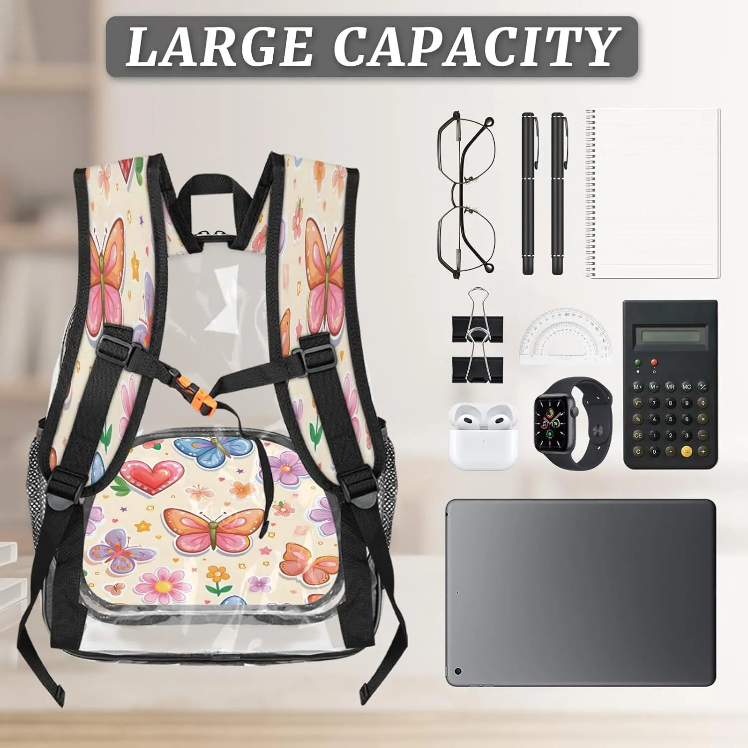 KOBLEN Butterfly Love Garden 17.1 Inch Clear Backpack, Heavy Duty Transparent PVC Daypack with Adjustable Padded Straps, Large Capacity Clear Bag for Festival, Concerts, Travel