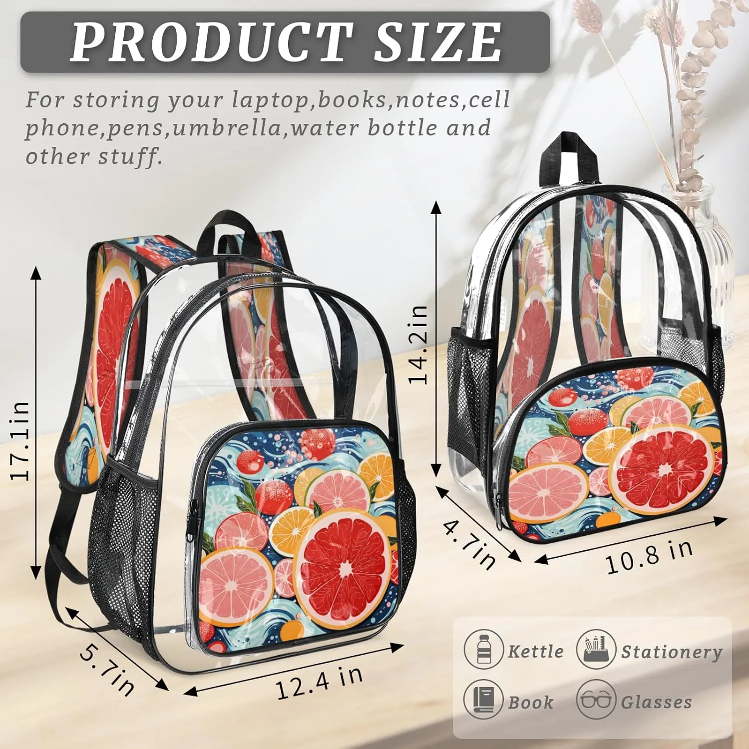 KOBLEN Citrus Waves Fusion 14.2 Inch Clear Backpack, Heavy Duty Transparent PVC Daypack with Adjustable Padded Straps, Large Capacity Clear Bag for Festival, Concerts, Travel