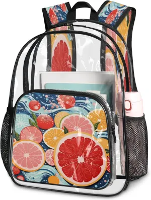 KOBLEN Citrus Waves Fusion 14.2 Inch Clear Backpack, Heavy Duty Transparent PVC Daypack with Adjustable Padded Straps, Large Capacity Clear Bag for Festival, Concerts, Travel