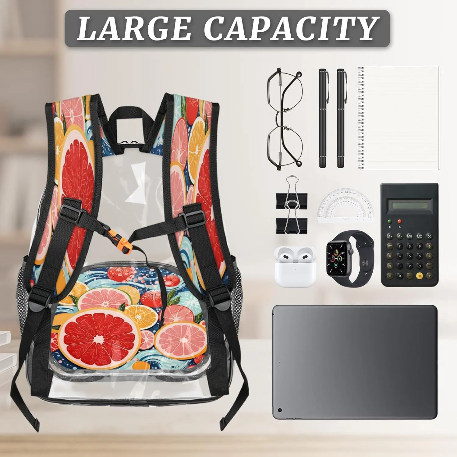 KOBLEN Citrus Waves Fusion 14.2 Inch Clear Backpack, Heavy Duty Transparent PVC Daypack with Adjustable Padded Straps, Large Capacity Clear Bag for Festival, Concerts, Travel