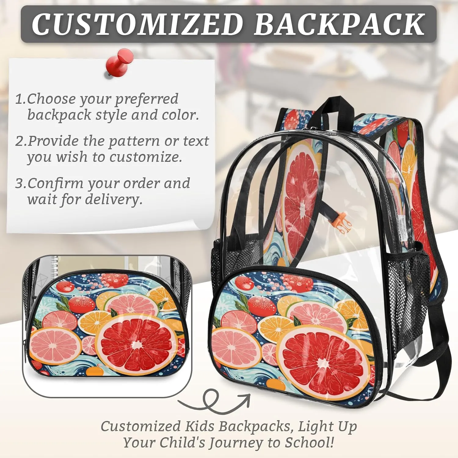 KOBLEN Citrus Waves Fusion 14.2 Inch Clear Backpack, Heavy Duty Transparent PVC Daypack with Adjustable Padded Straps, Large Capacity Clear Bag for Festival, Concerts, Travel