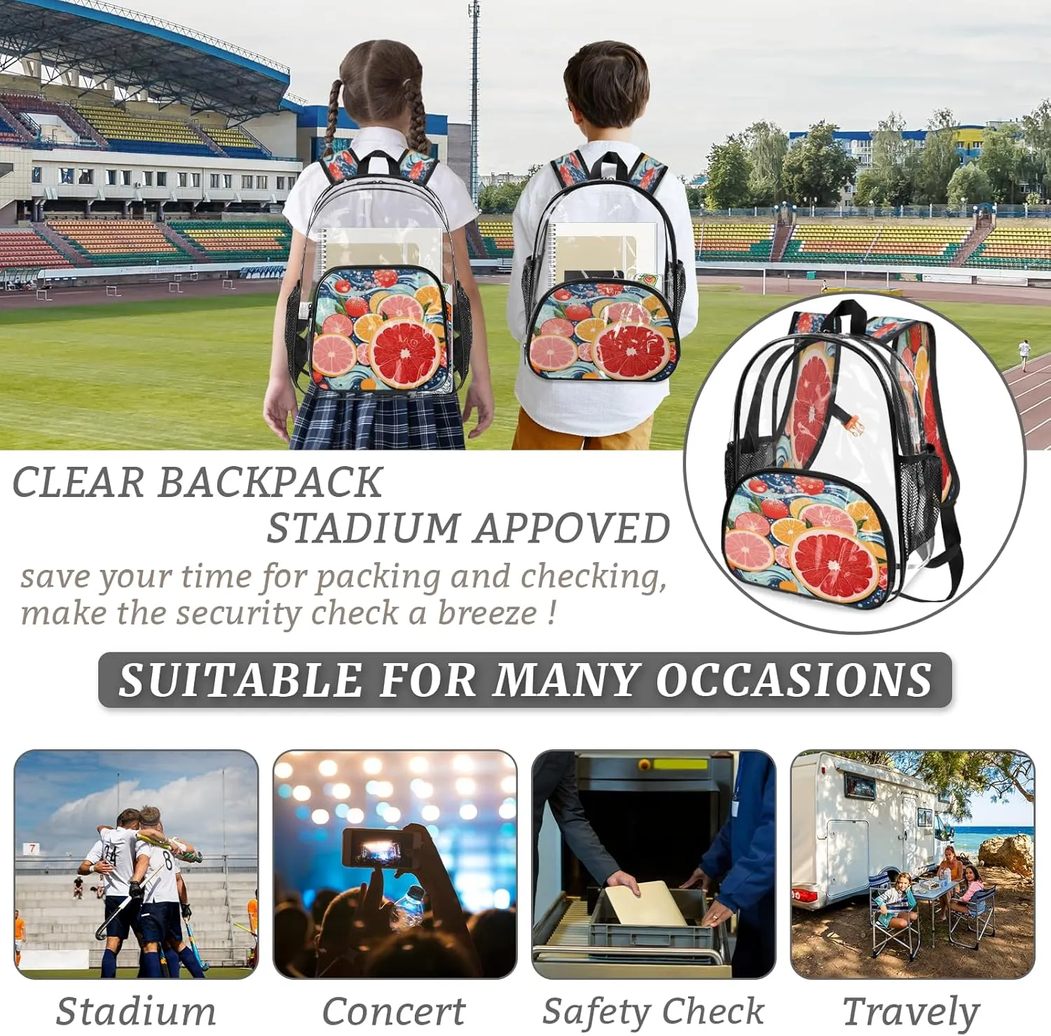 KOBLEN Citrus Waves Fusion 14.2 Inch Clear Backpack, Heavy Duty Transparent PVC Daypack with Adjustable Padded Straps, Large Capacity Clear Bag for Festival, Concerts, Travel