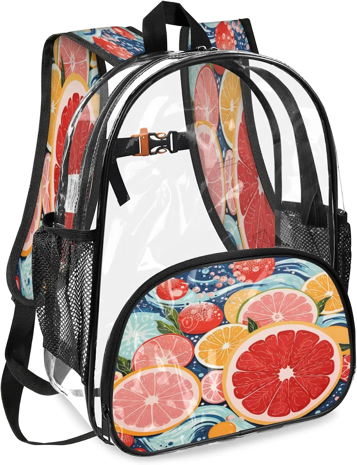 KOBLEN Citrus Waves Fusion 14.2 Inch Clear Backpack, Heavy Duty Transparent PVC Daypack with Adjustable Padded Straps, Large Capacity Clear Bag for Festival, Concerts, Travel