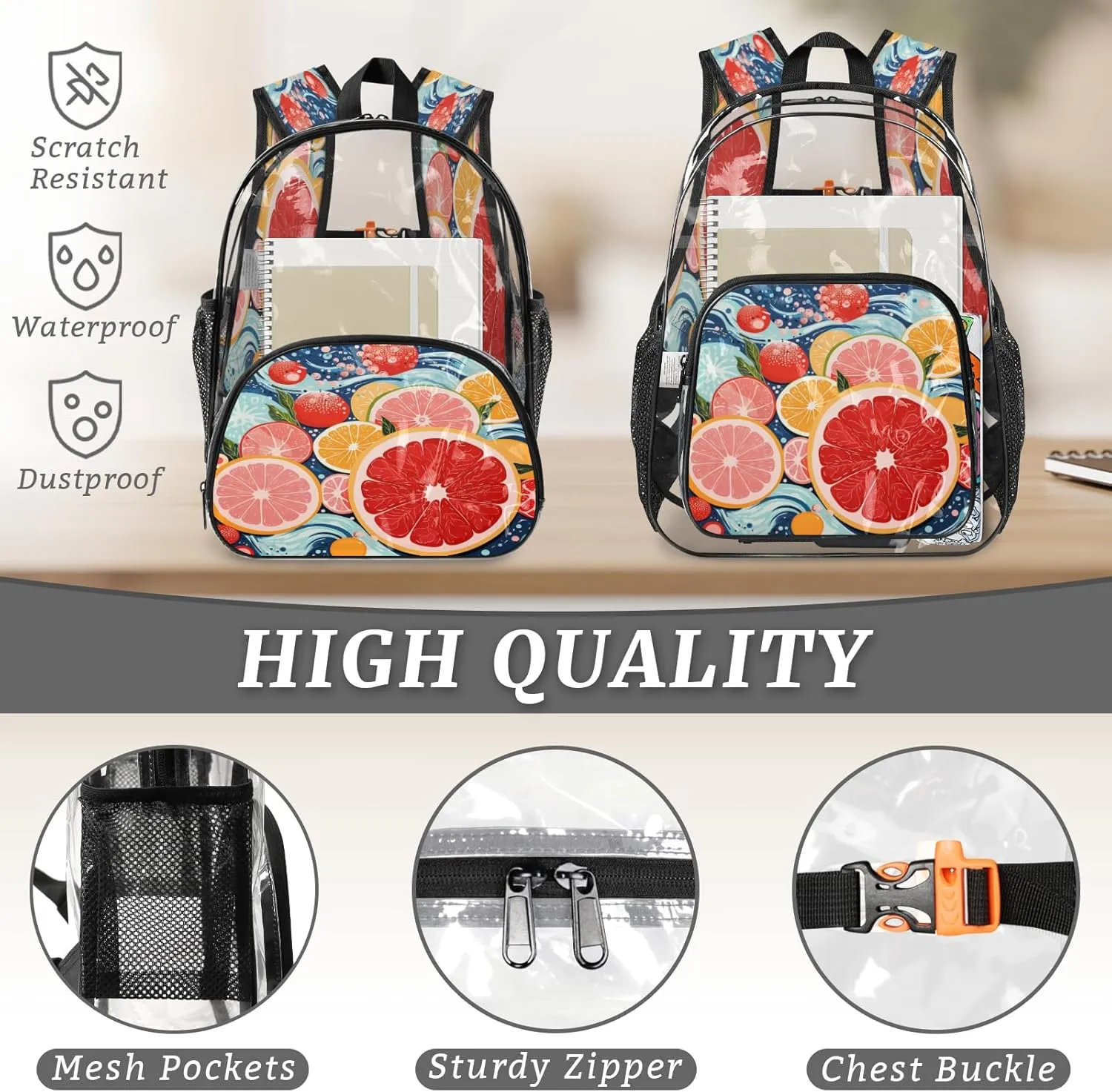 KOBLEN Citrus Waves Fusion 14.2 Inch Clear Backpack, Heavy Duty Transparent PVC Daypack with Adjustable Padded Straps, Large Capacity Clear Bag for Festival, Concerts, Travel
